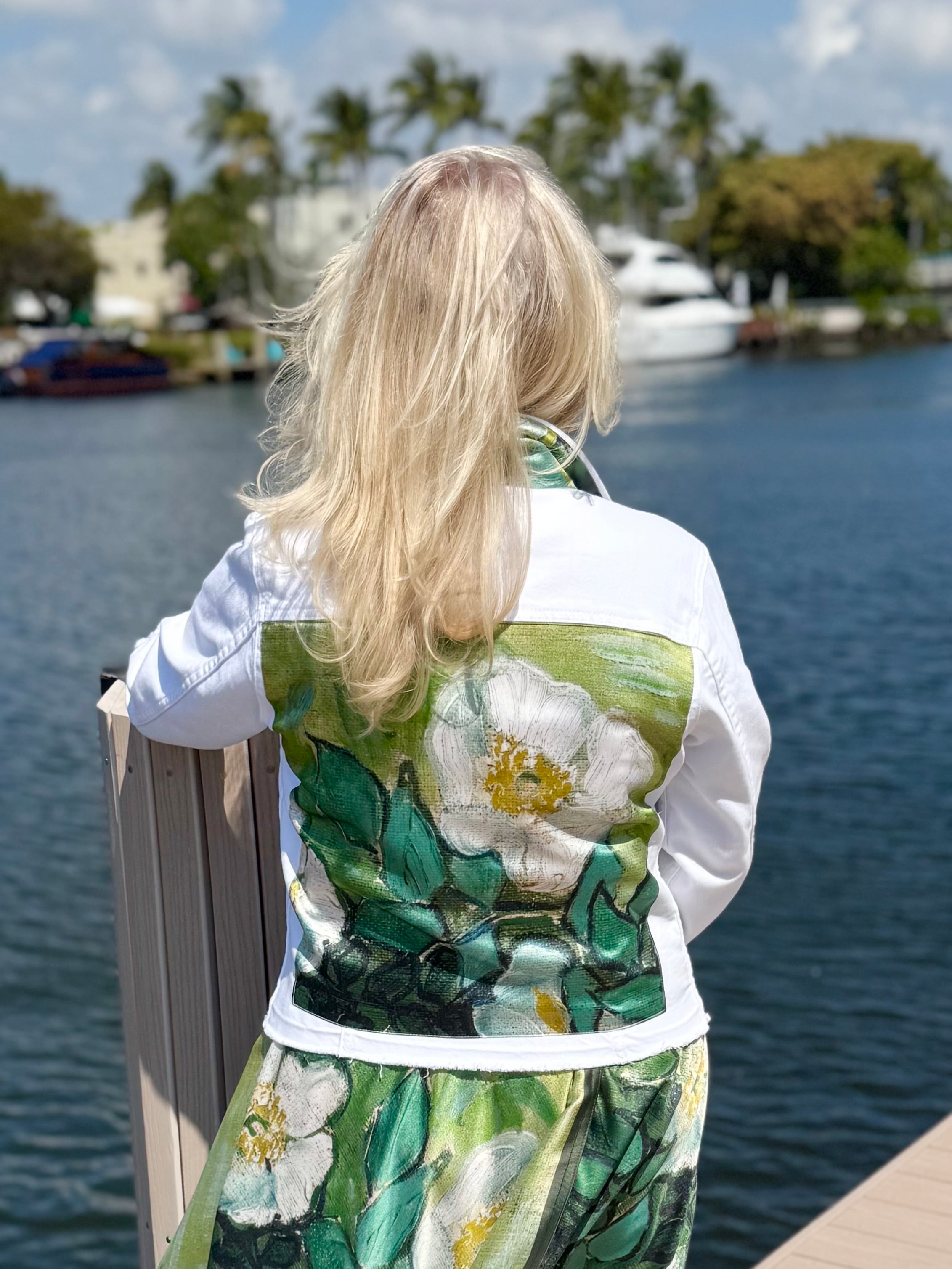 The White Denim Jacket / White Blossom - Back of the Bay Boutique