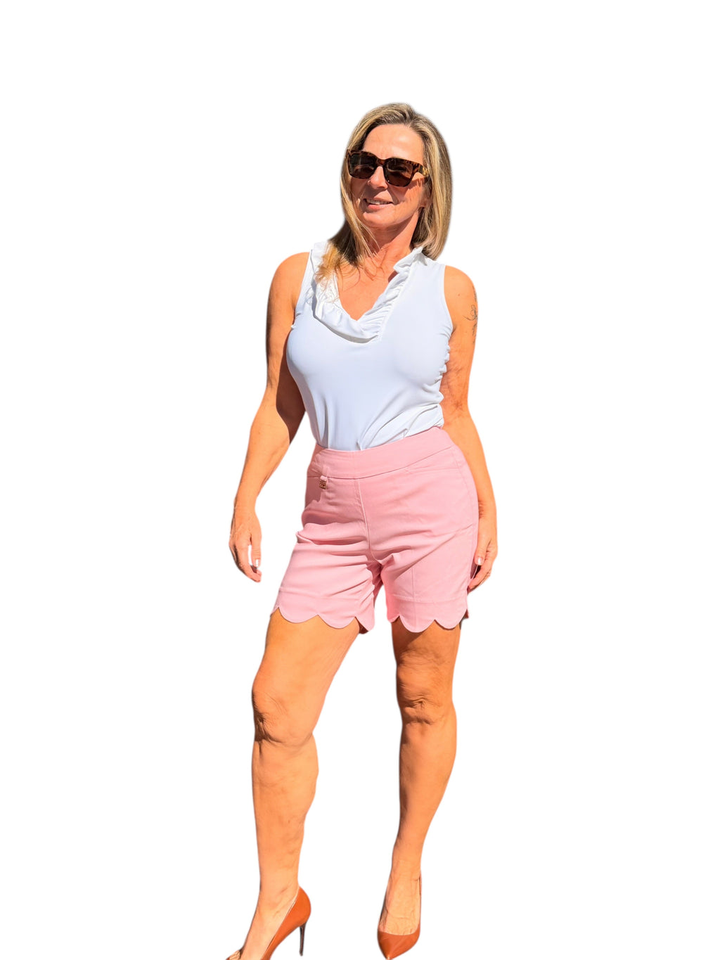 5" Inseam Pull - on Stretch Shorts with Scalloped Hemline Soft Pink - Back of the Bay Boutique