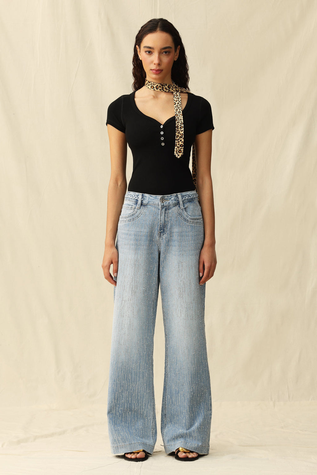Mid Rise Wide Leg Rhinestone Jeans Light Blue - Back of the Bay Boutique