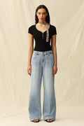 Mid Rise Wide Leg Rhinestone Jeans Light Blue - Back of the Bay Boutique