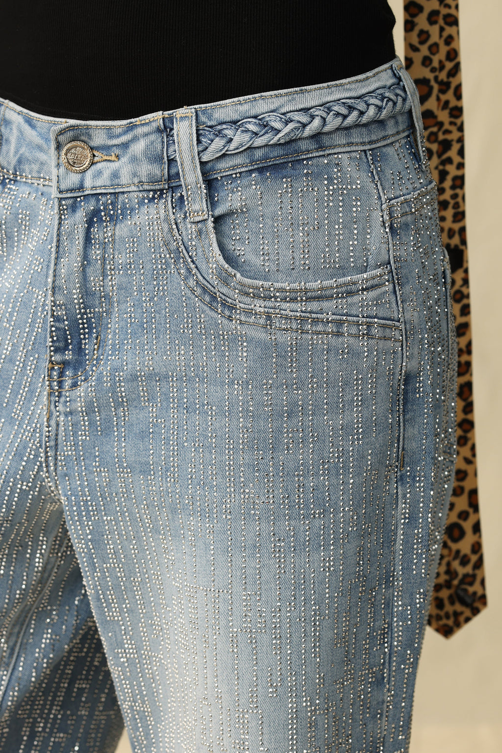 Mid Rise Wide Leg Rhinestone Jeans Light Blue - Back of the Bay Boutique