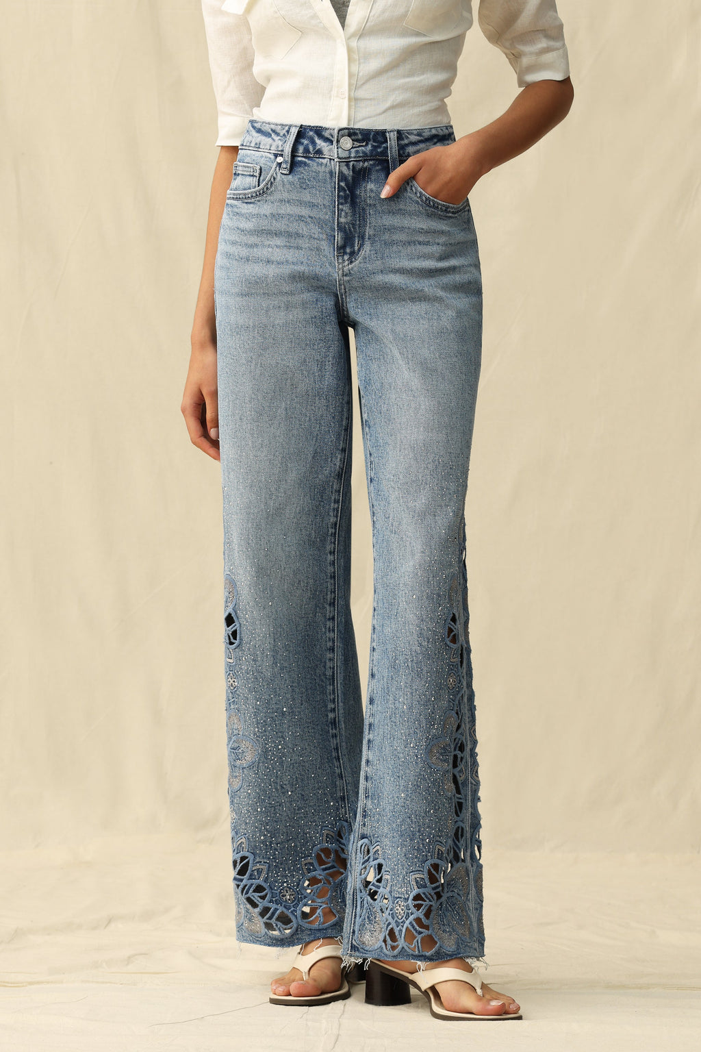 Cut - out Wide Leg Rhinestones Jeans Light Blue - Back of the Bay Boutique