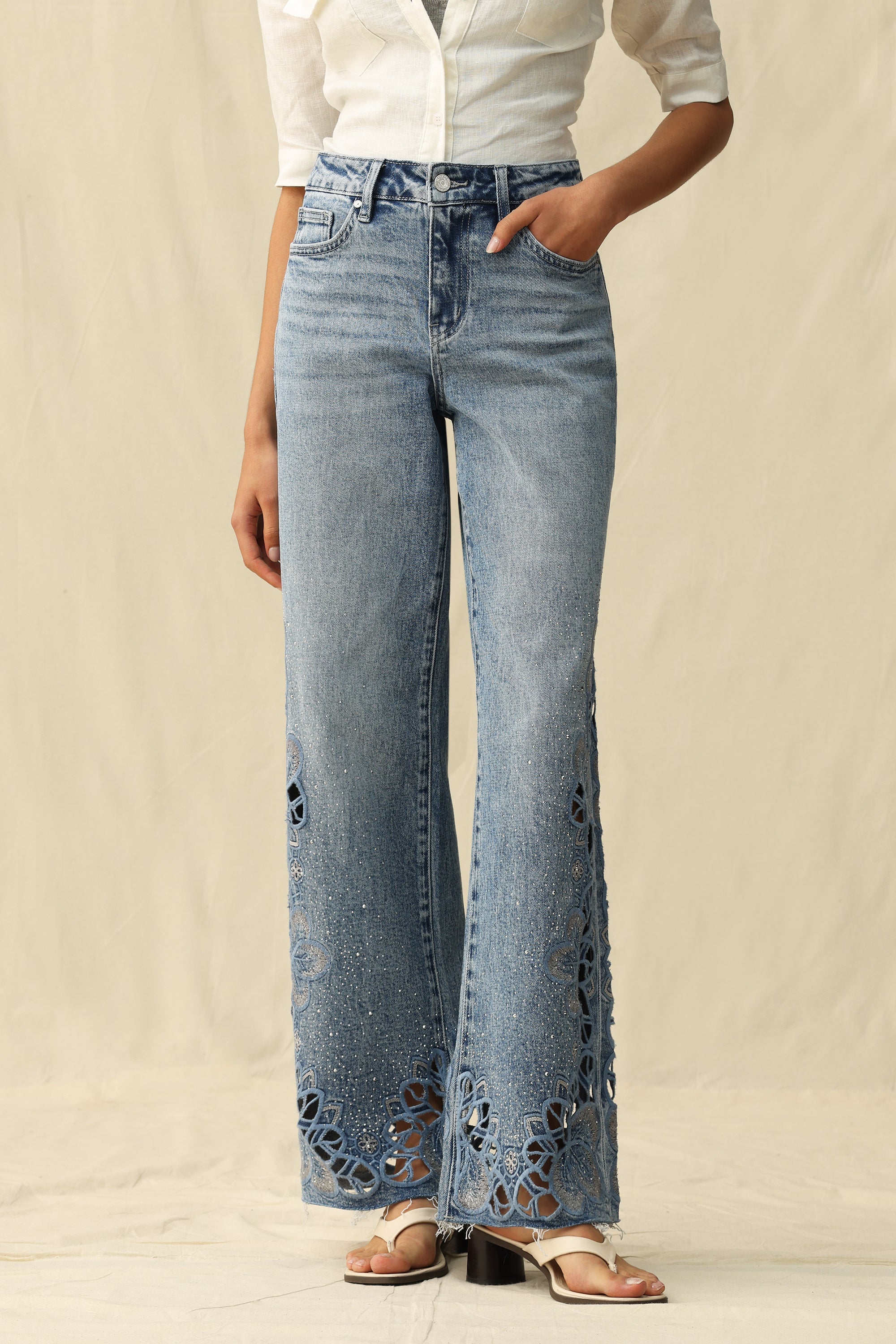 Cut - out Wide Leg Rhinestones Jeans Light Blue - Back of the Bay Boutique