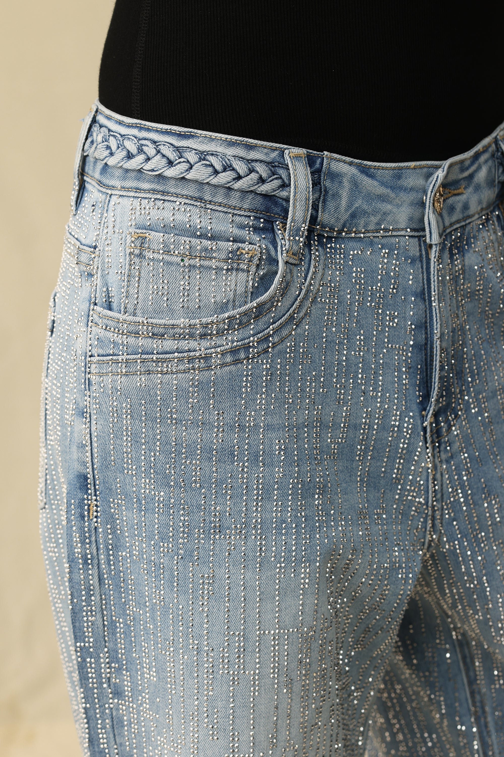 Mid Rise Wide Leg Rhinestone Jeans Light Blue - Back of the Bay Boutique