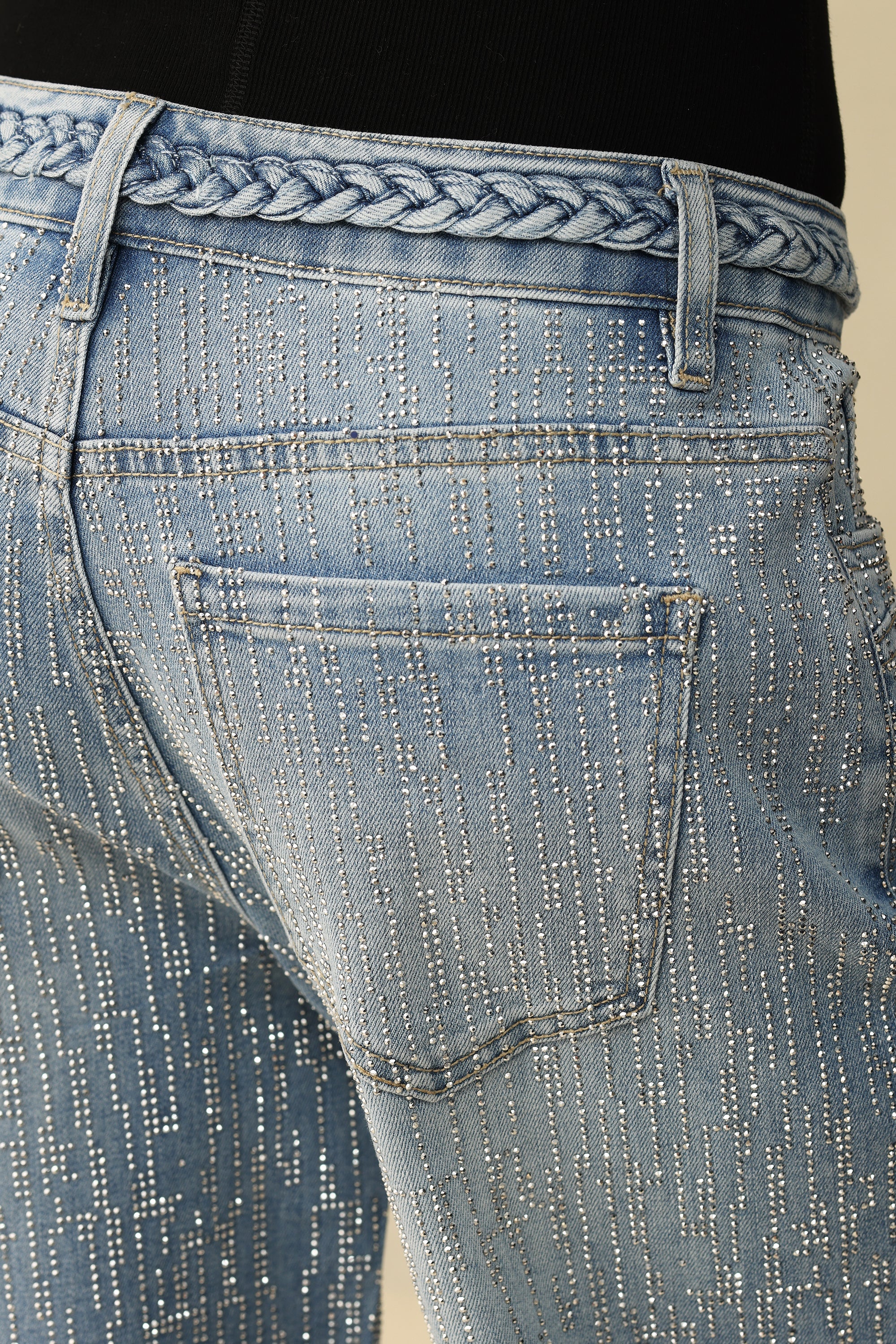 Mid Rise Wide Leg Rhinestone Jeans Light Blue - Back of the Bay Boutique