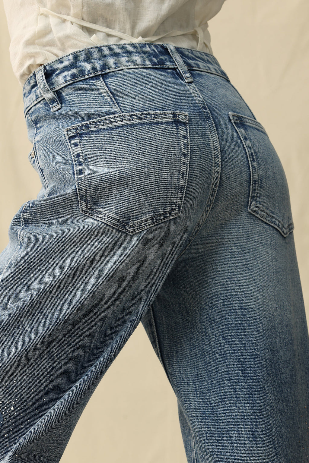Cut - out Wide Leg Rhinestones Jeans Light Blue - Back of the Bay Boutique