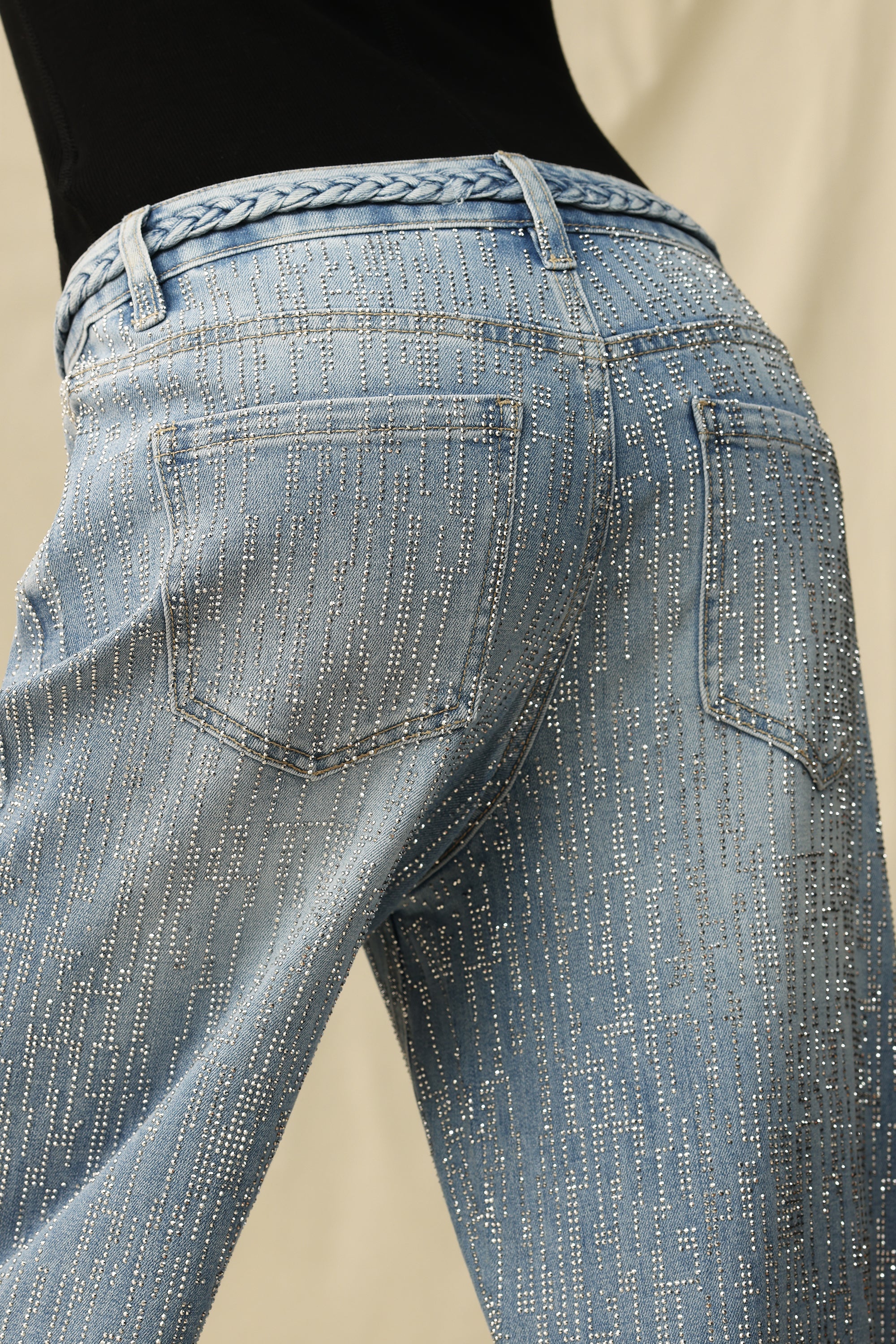 Mid Rise Wide Leg Rhinestone Jeans Light Blue - Back of the Bay Boutique