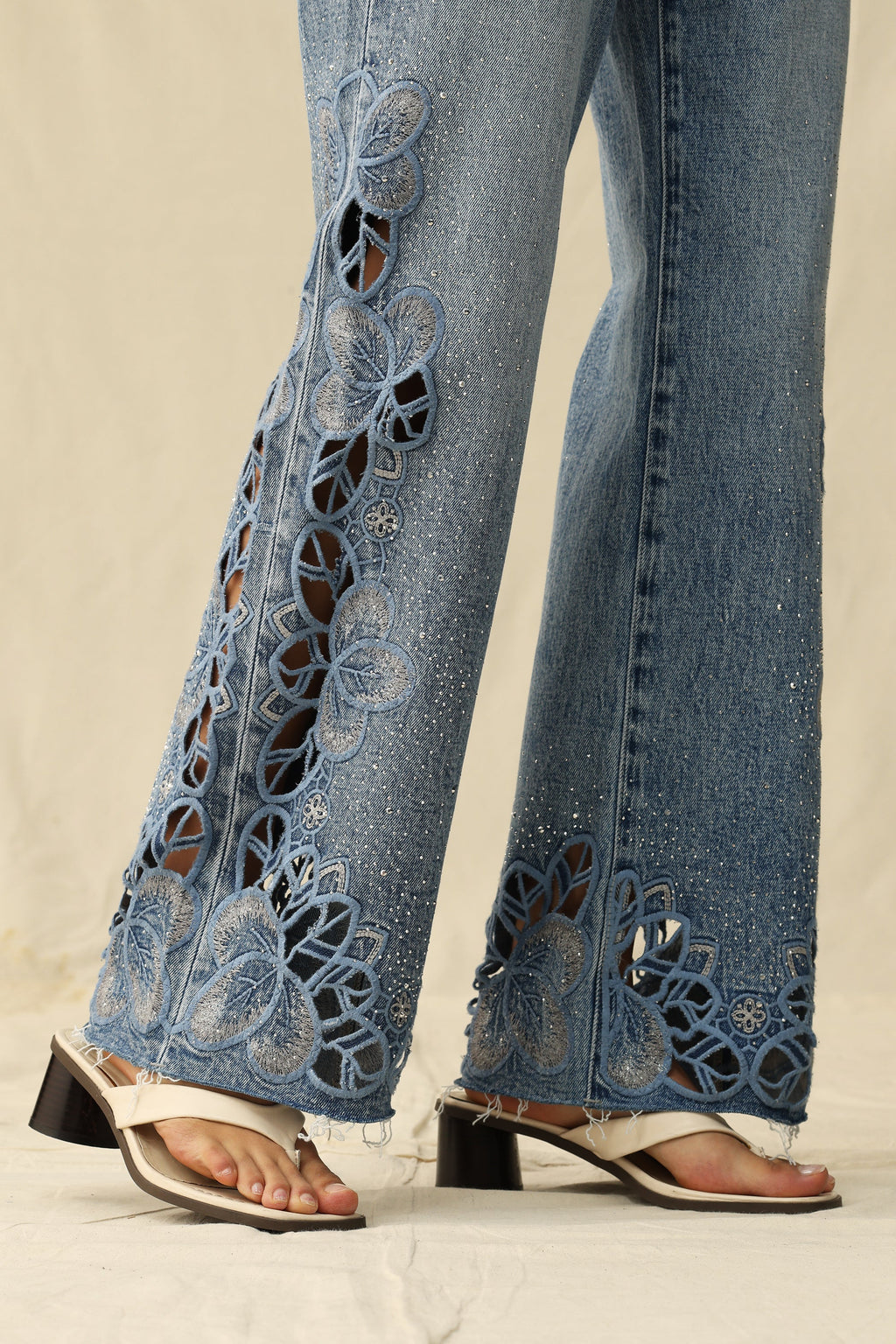 Cut - out Wide Leg Rhinestones Jeans Light Blue - Back of the Bay Boutique