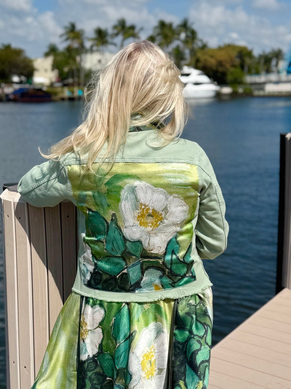 The Tea Leaf Green Denim Jacket / White Blossom - Back of the Bay Boutique
