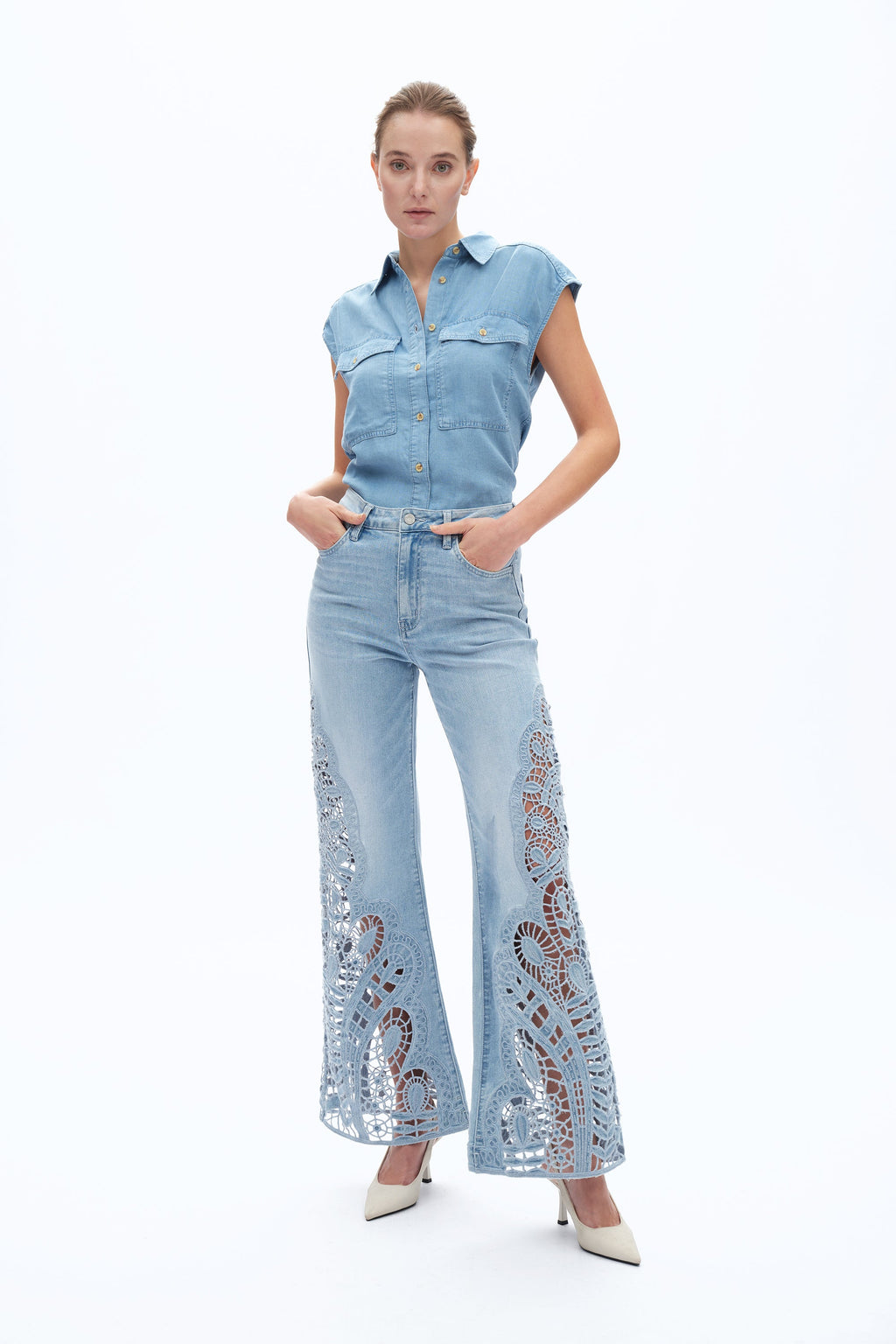 Lace Patchwork Wide Leg Jeans Cornflower