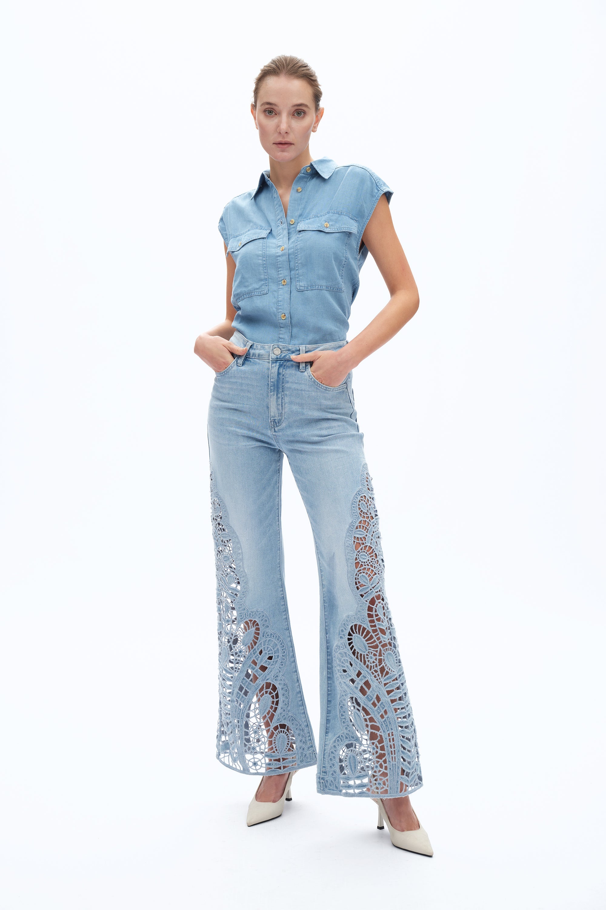 Lace Patchwork Wide Leg Jeans Cornflower