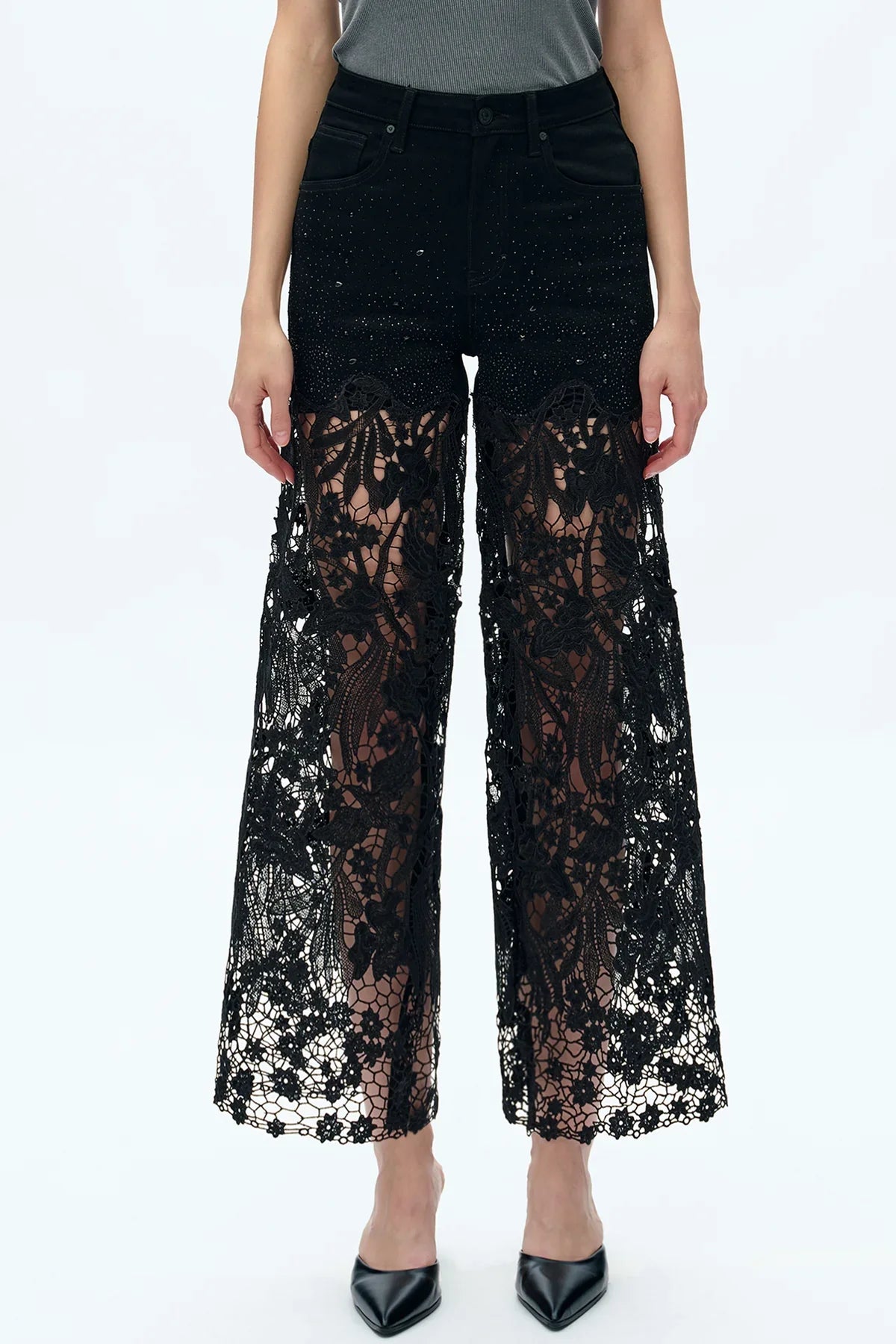 Embroidery Wide Leg Lace Jeans With Rhinestone Black - Back of the Bay Boutique