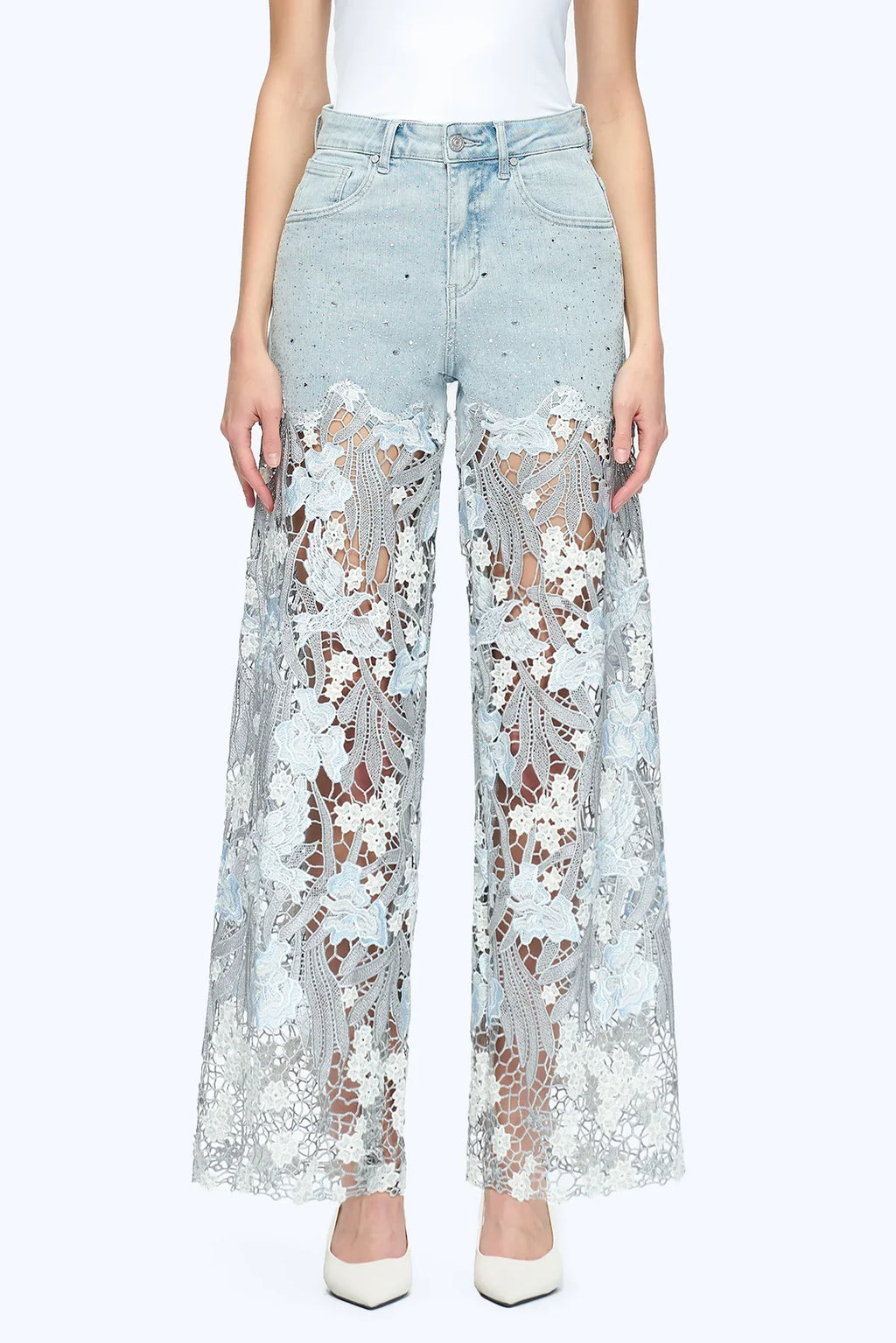 Embroidery Wide Leg Lace Jeans With Rhinestone Light Blue - Back of the Bay Boutique