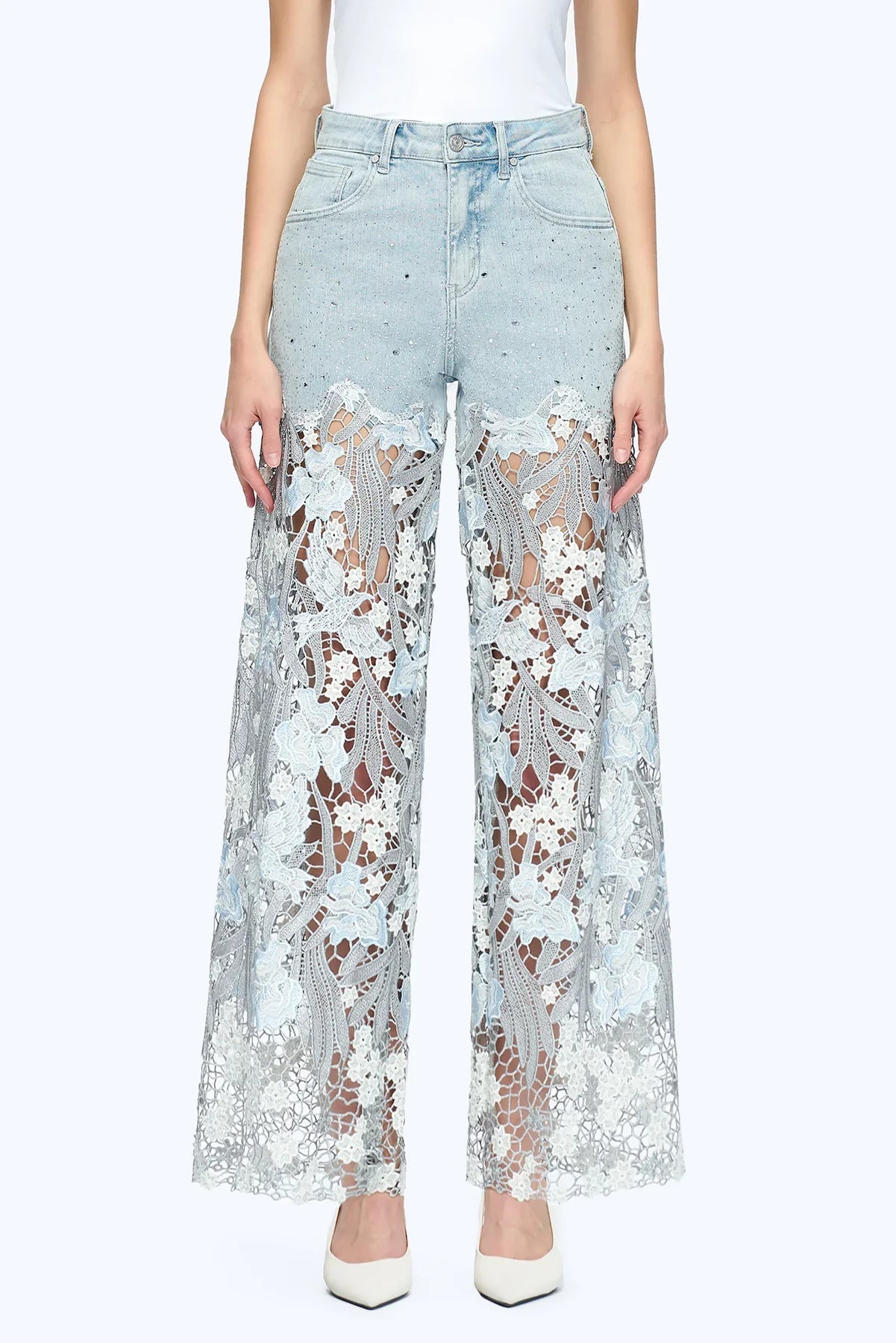 Embroidery Wide Leg Lace Jeans With Rhinestone Light Blue - Back of the Bay Boutique
