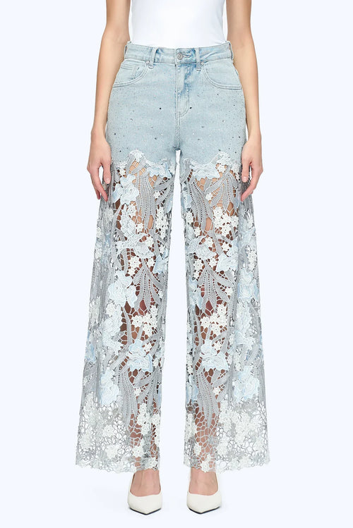 Embroidery Wide Leg Lace Jeans With Rhinestone Light Blue - Back of the Bay Boutique