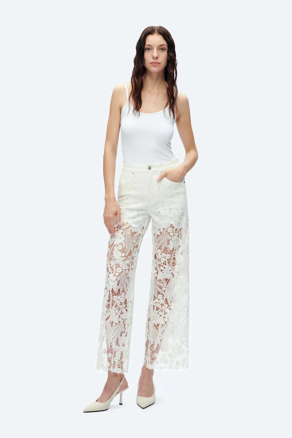 Embroidery Wide Leg Lace Jeans With Rhinestone White - Back of the Bay Boutique