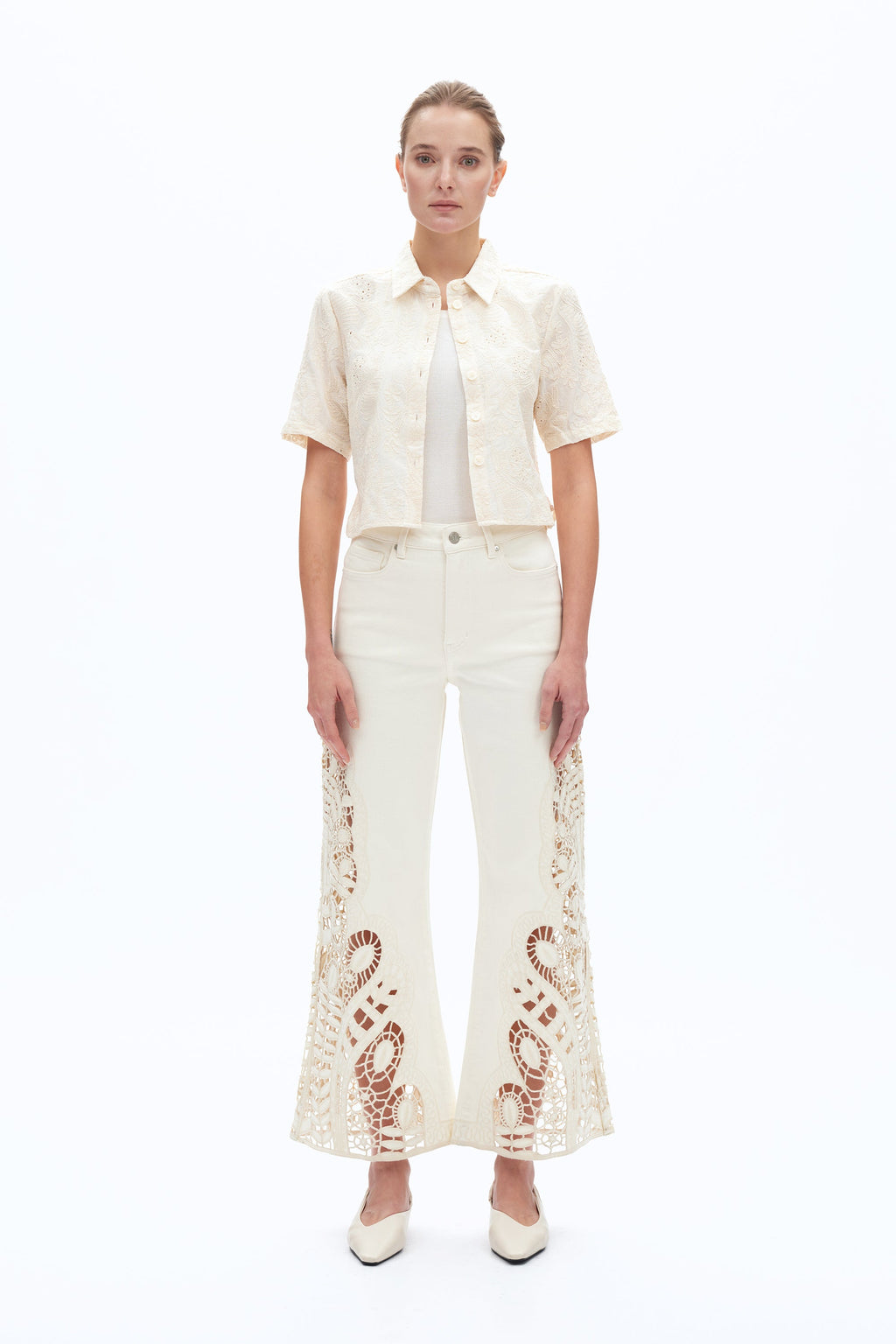 Embroidered High Rise Wide Leg Pants Beige - Back of the Bay Boutique