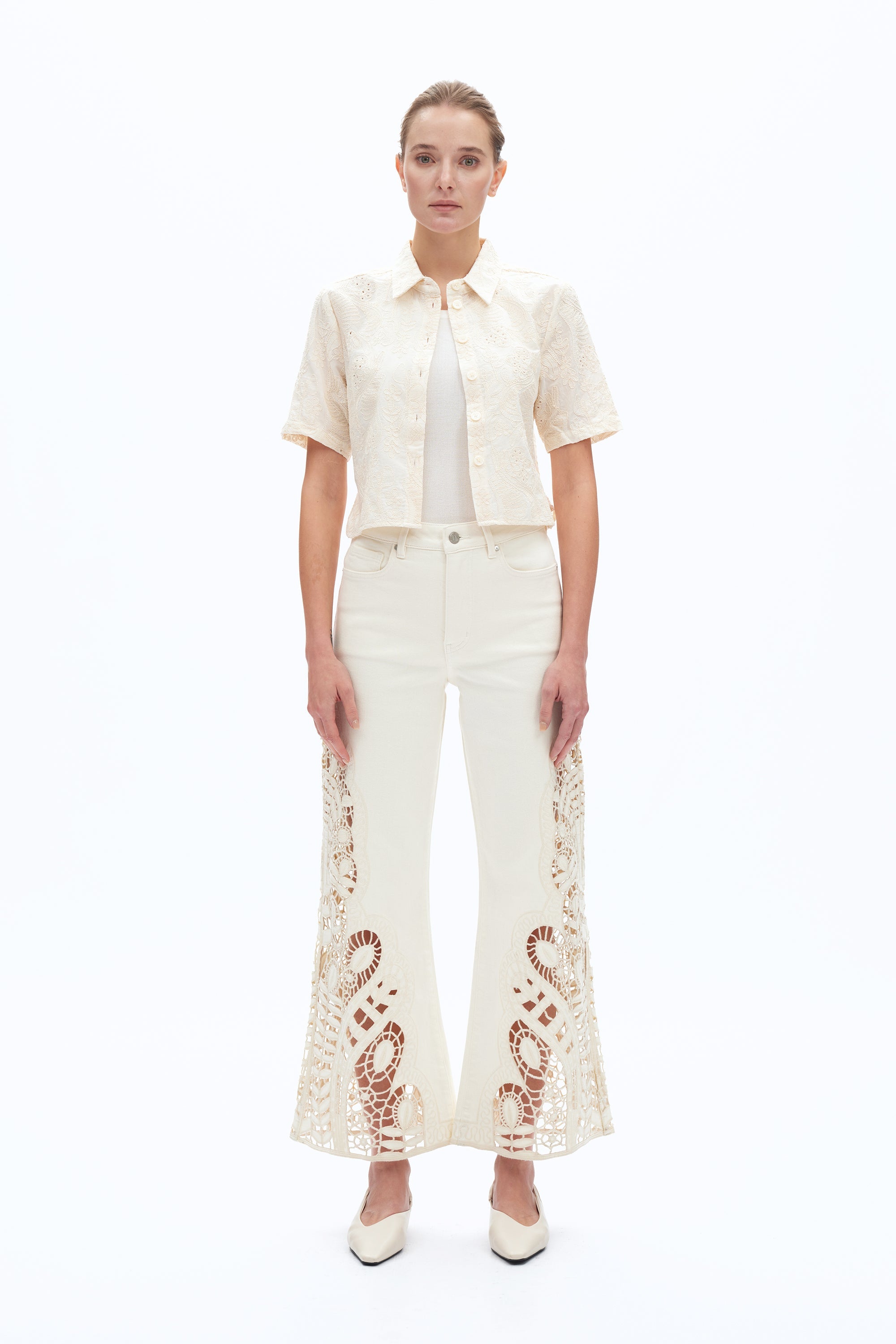 Embroidered High Rise Wide Leg Pants Beige - Back of the Bay Boutique