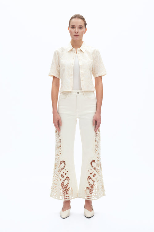 Embroidered High Rise Wide Leg Pants Beige - Back of the Bay Boutique