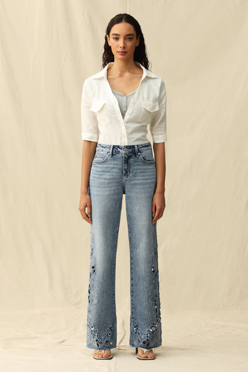 Cut - out Wide Leg Rhinestones Jeans Light Blue - Back of the Bay Boutique