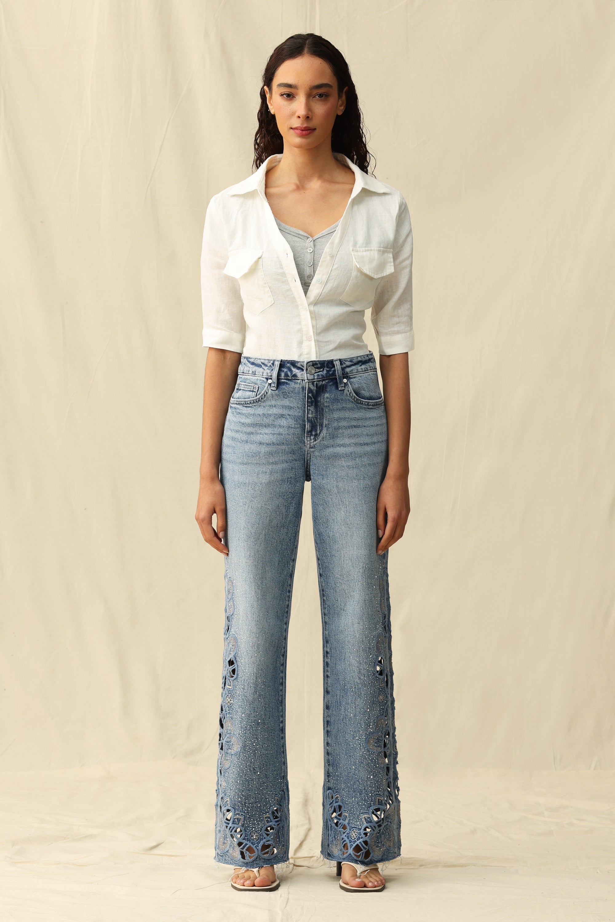 Cut - out Wide Leg Rhinestones Jeans Light Blue - Back of the Bay Boutique