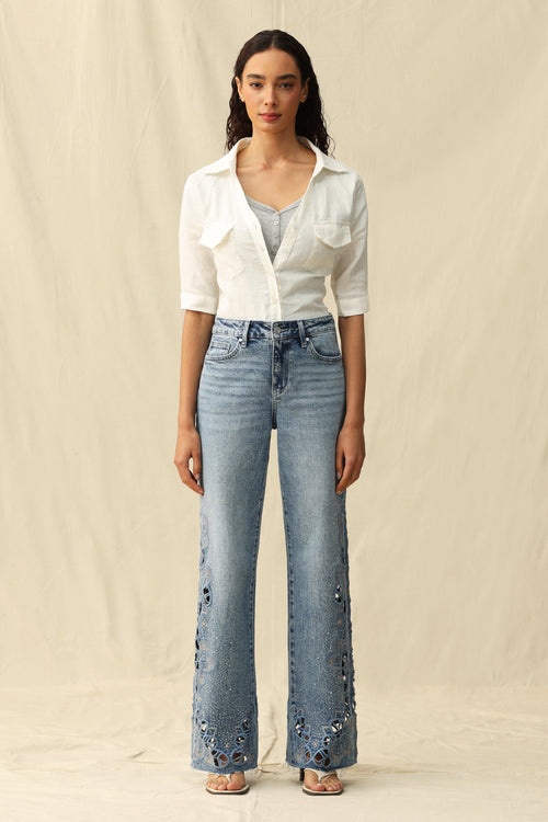 Cut - out Wide Leg Rhinestones Jeans Light Blue - Back of the Bay Boutique