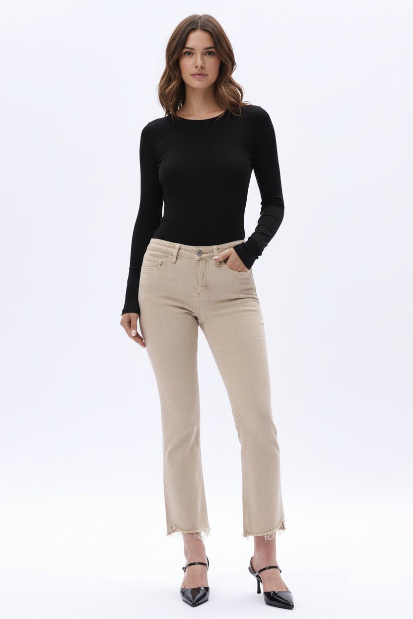 Stepped Frayed Hem Cropped Jeans Light Khaki - Back of the Bay Boutique