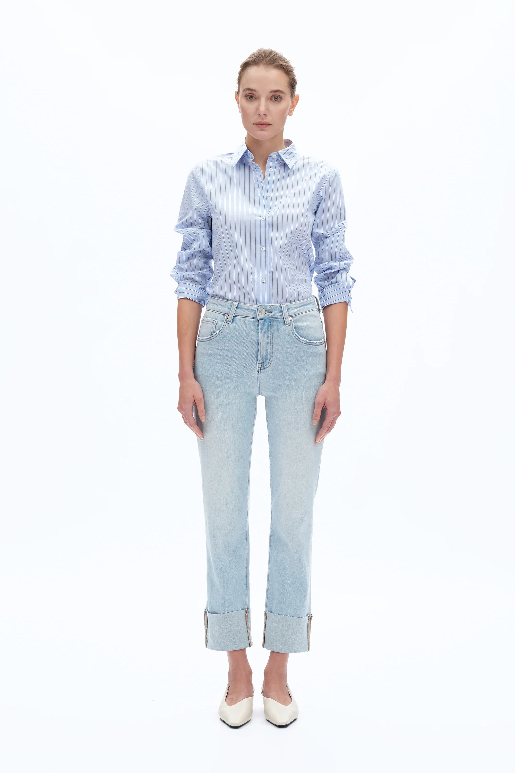 High Rise Jeans With Rolled Hem Light Blue - Back of the Bay Boutique