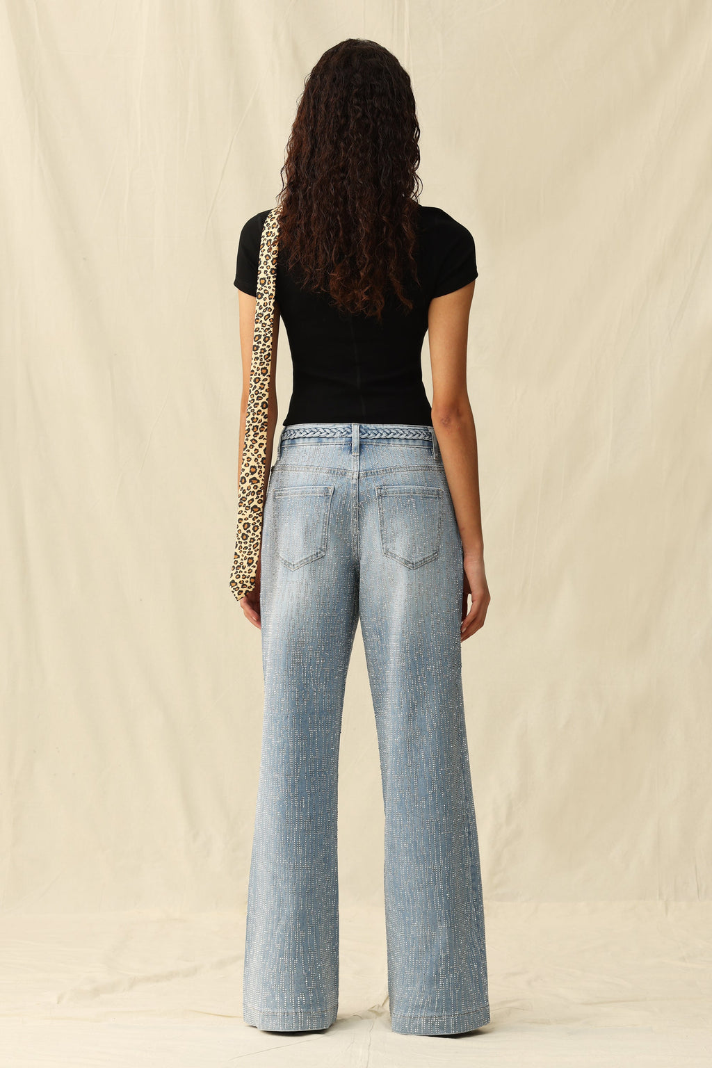 Mid Rise Wide Leg Rhinestone Jeans Light Blue - Back of the Bay Boutique