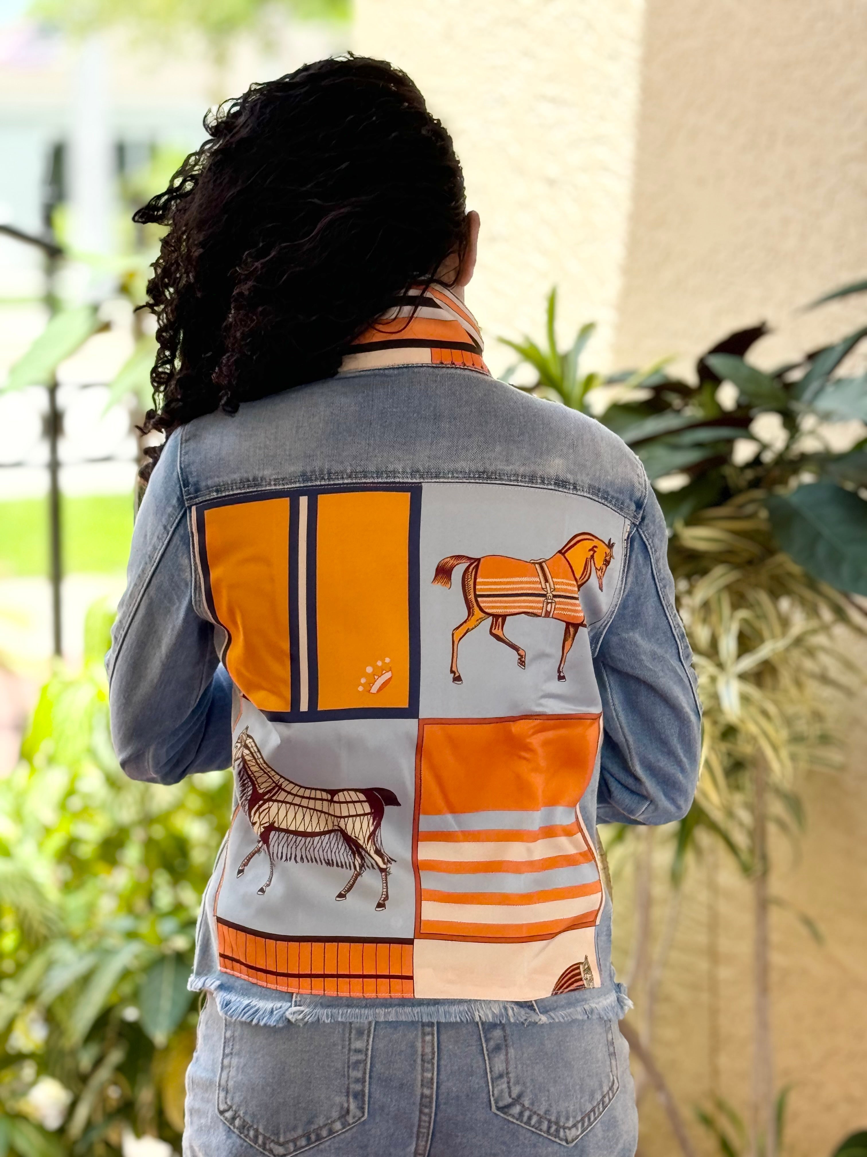 The Light Denim Jacket / Light Blue with Orange Horse - Back of the Bay Boutique