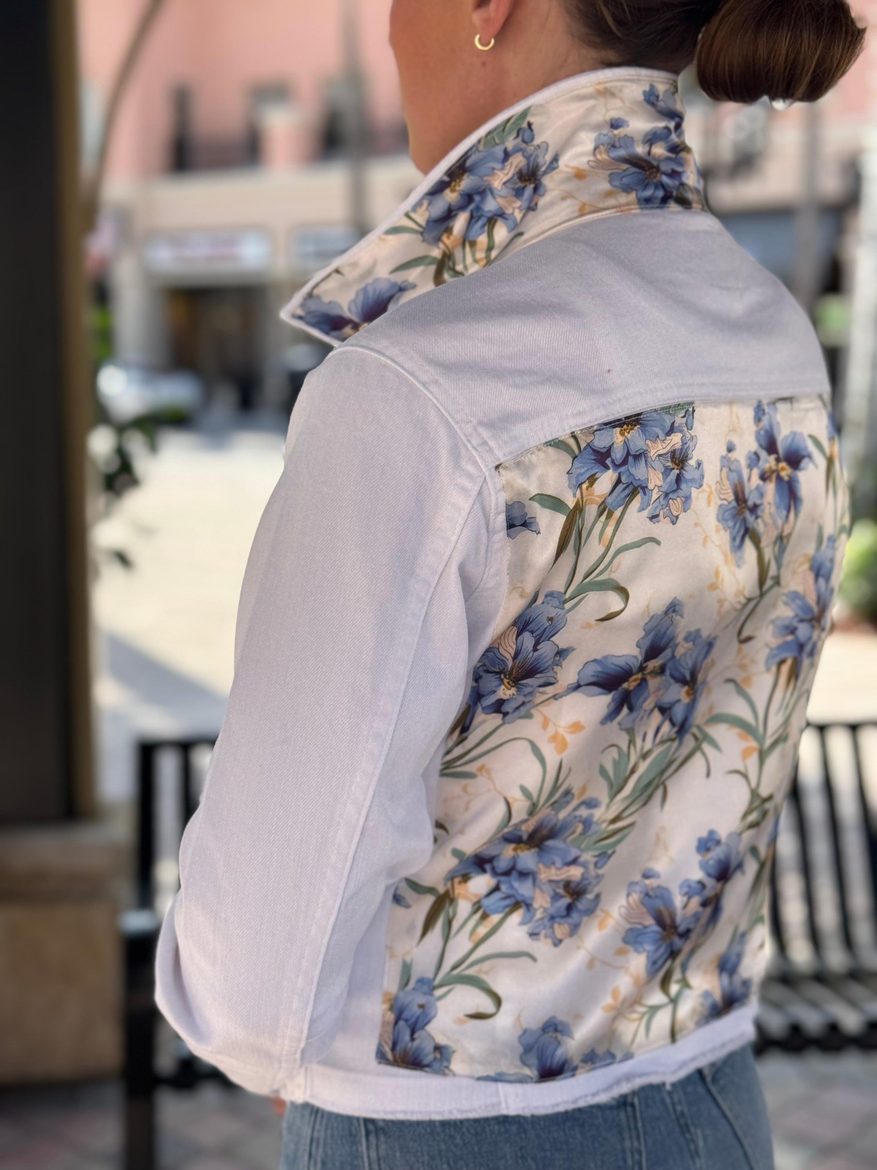 The White Denim Jacket / Blooming Iris - Back of the Bay Boutique
