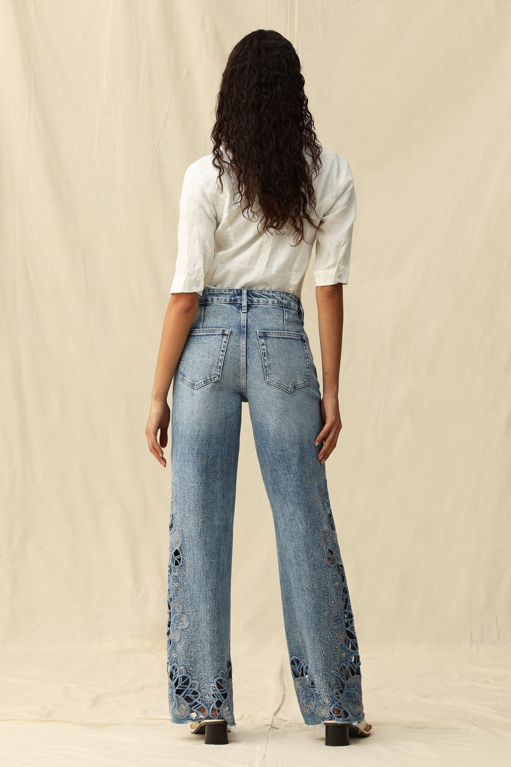 Cut - out Wide Leg Rhinestones Jeans Light Blue - Back of the Bay Boutique