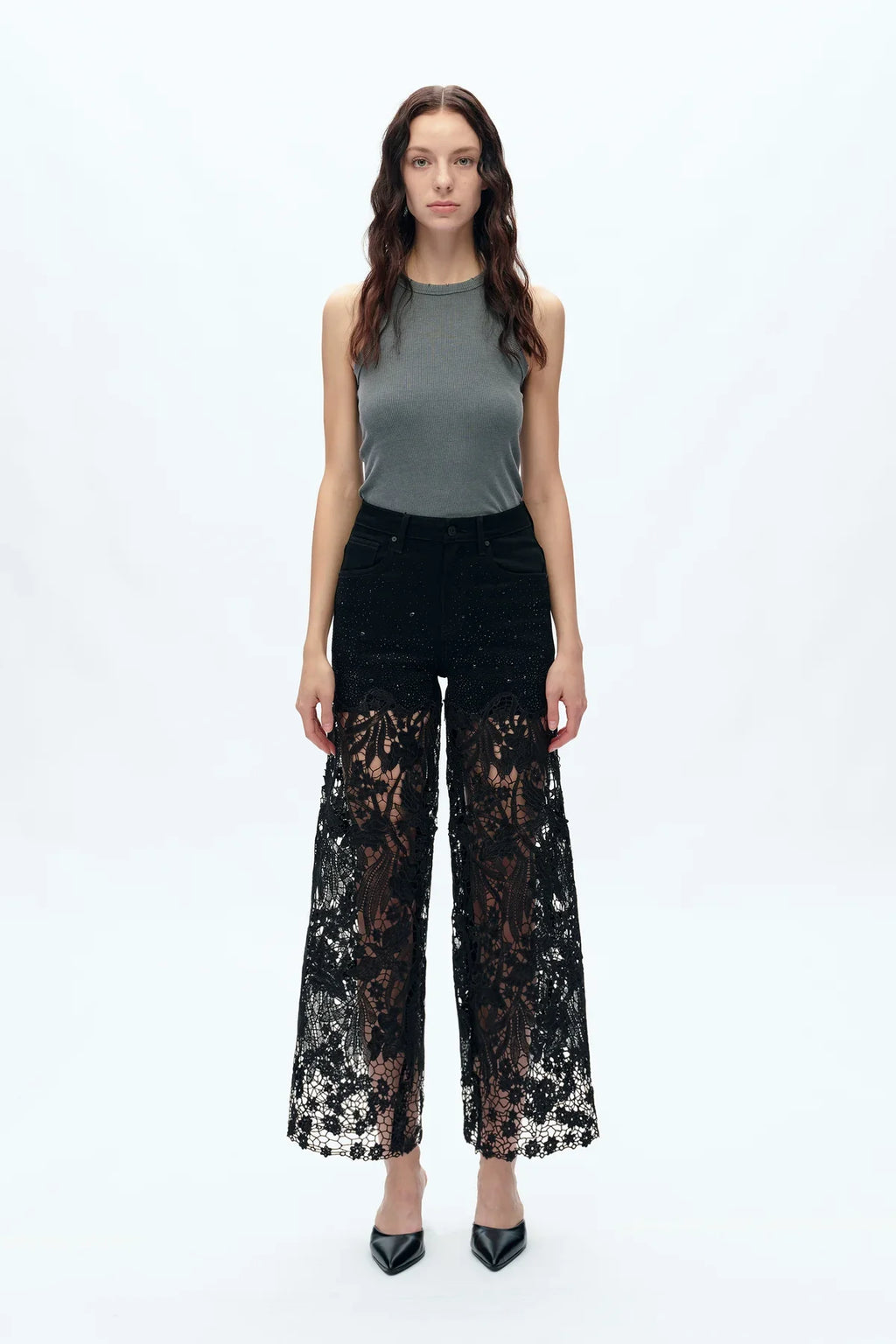 Embroidery Wide Leg Lace Jeans With Rhinestone Black - Back of the Bay Boutique
