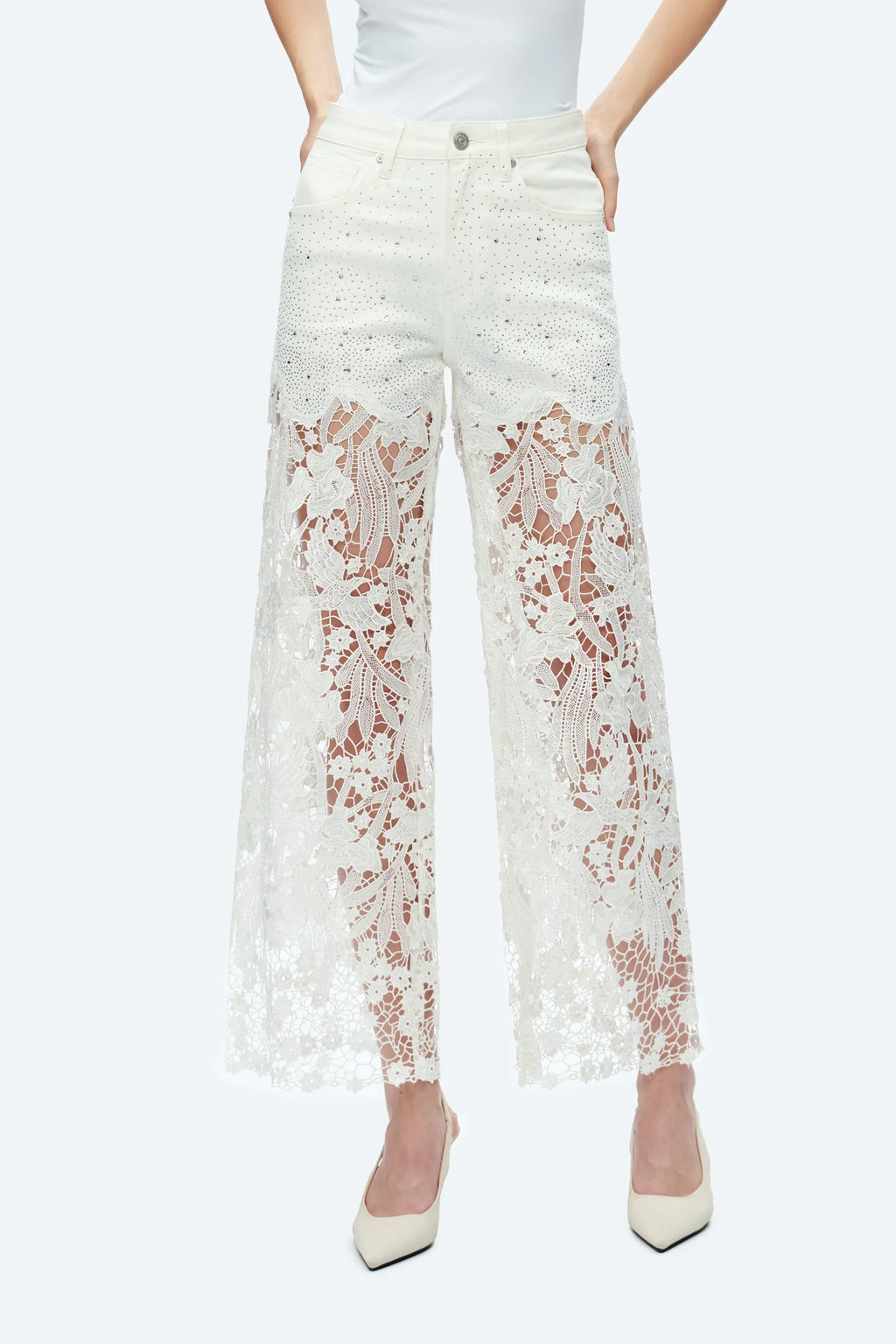 Embroidery Wide Leg Lace Jeans With Rhinestone White - Back of the Bay Boutique