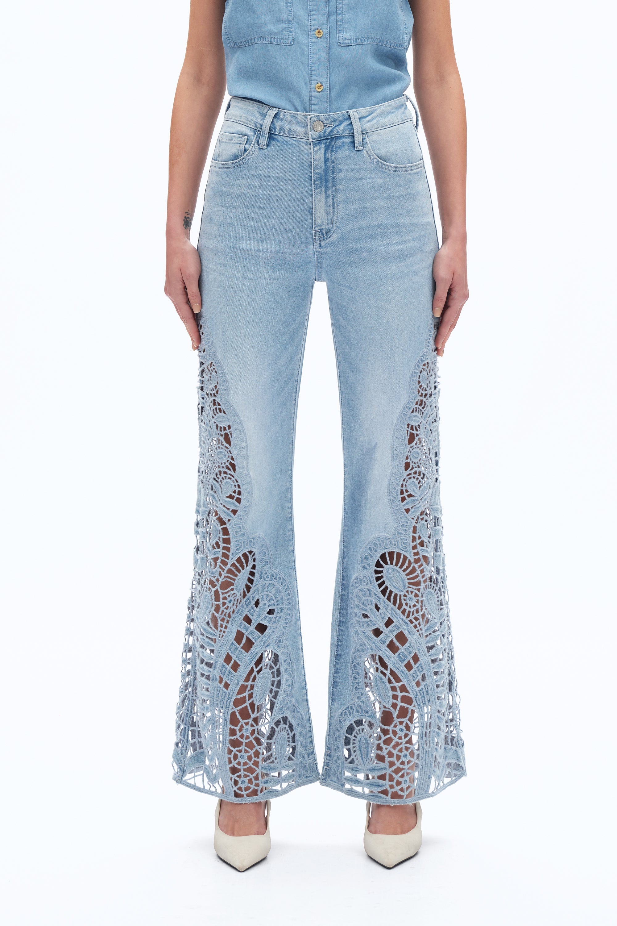 Lace Patchwork Wide Leg Jeans Cornflower