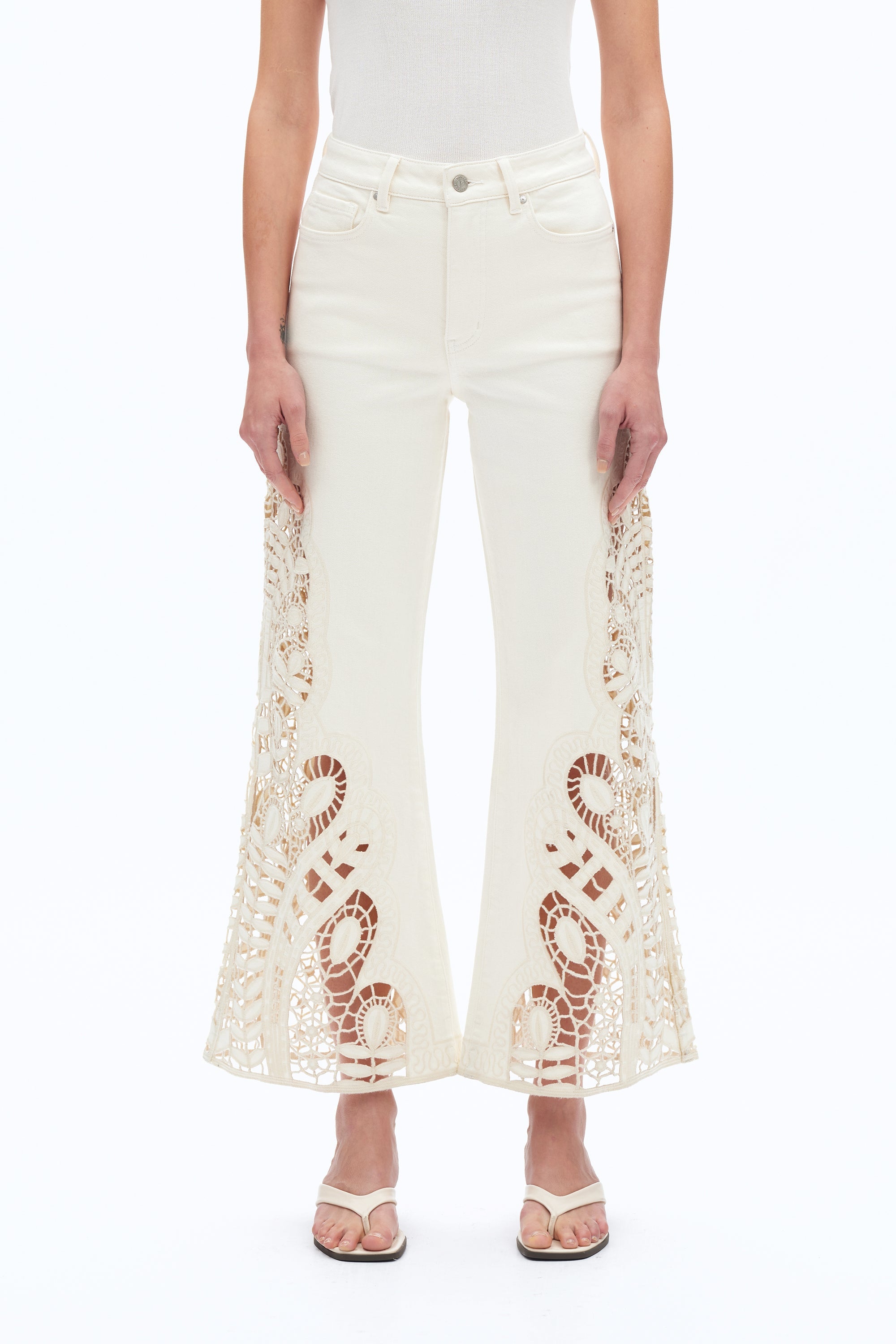 Embroidered High Rise Wide Leg Pants Beige - Back of the Bay Boutique