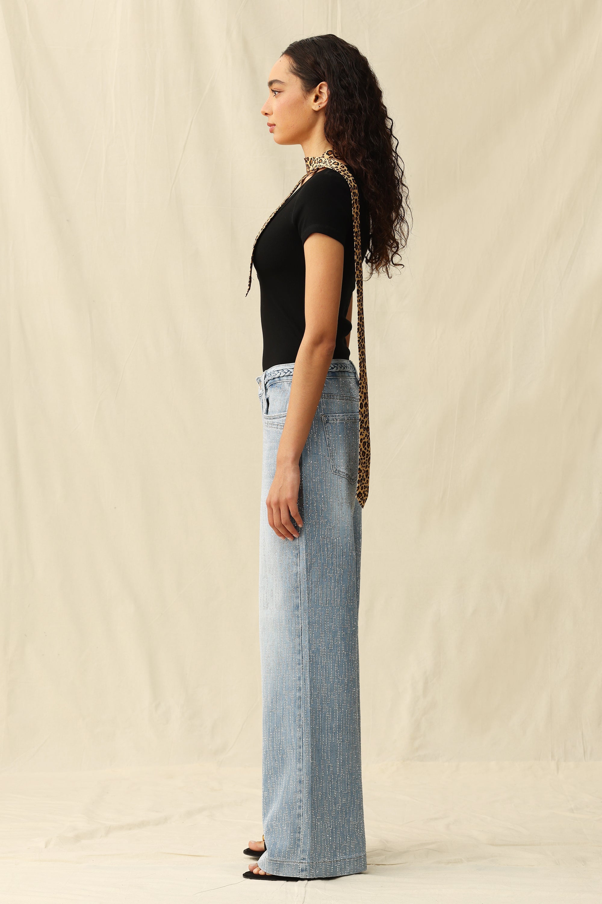 Mid Rise Wide Leg Rhinestone Jeans Light Blue - Back of the Bay Boutique