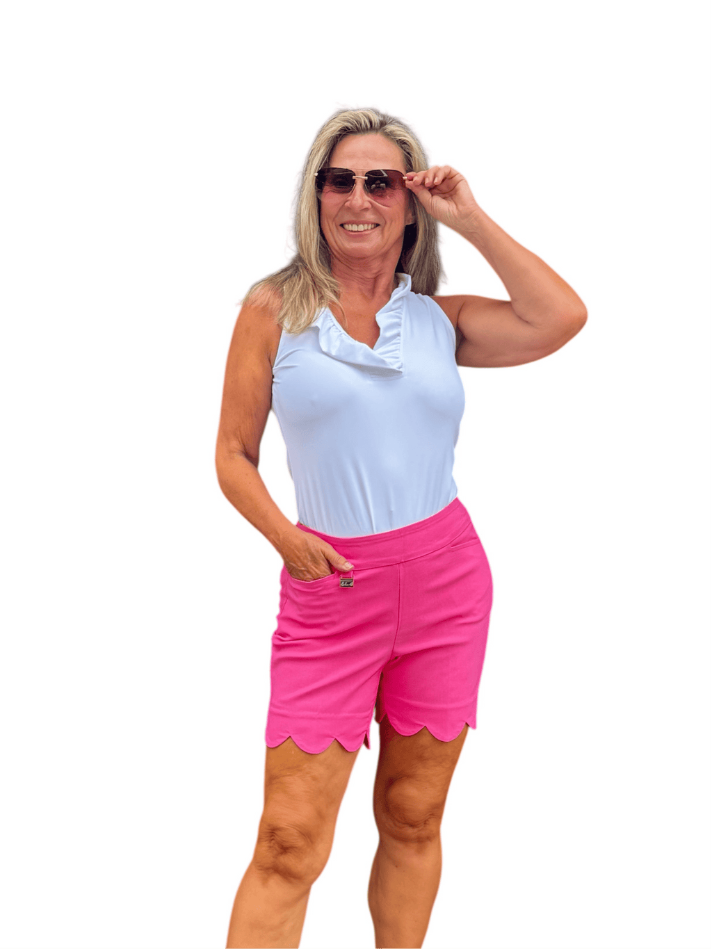 5" Inseam Pull-on Stretch Shorts with Scalloped Hemline Hot Pink
