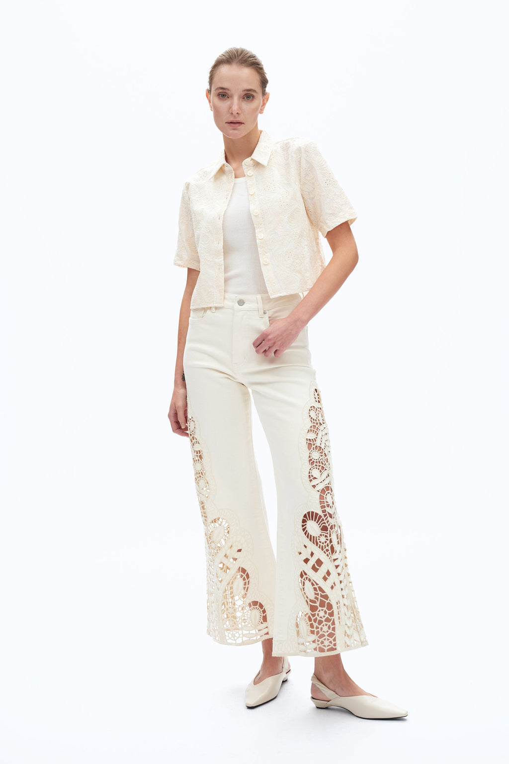 Embroidered High Rise Wide Leg Pants Beige - Back of the Bay Boutique