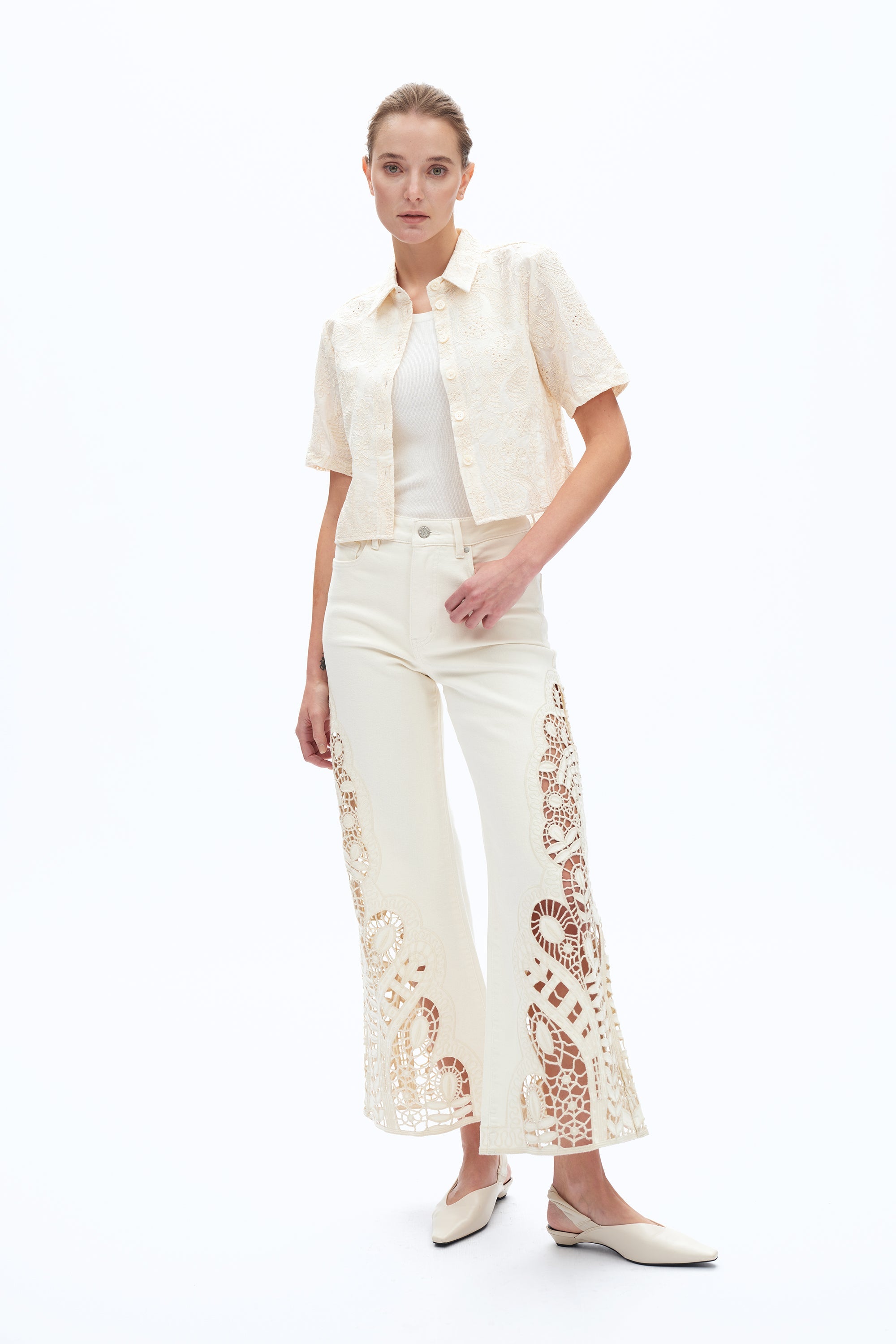 Embroidered High Rise Wide Leg Pants Beige - Back of the Bay Boutique