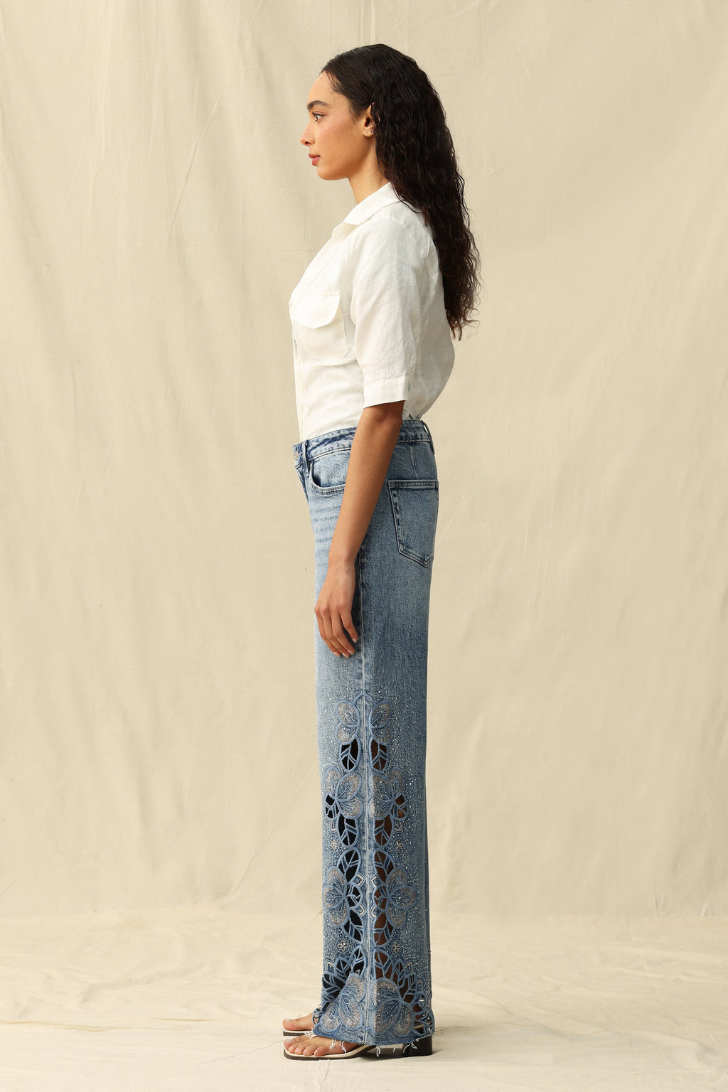 Cut - out Wide Leg Rhinestones Jeans Light Blue - Back of the Bay Boutique