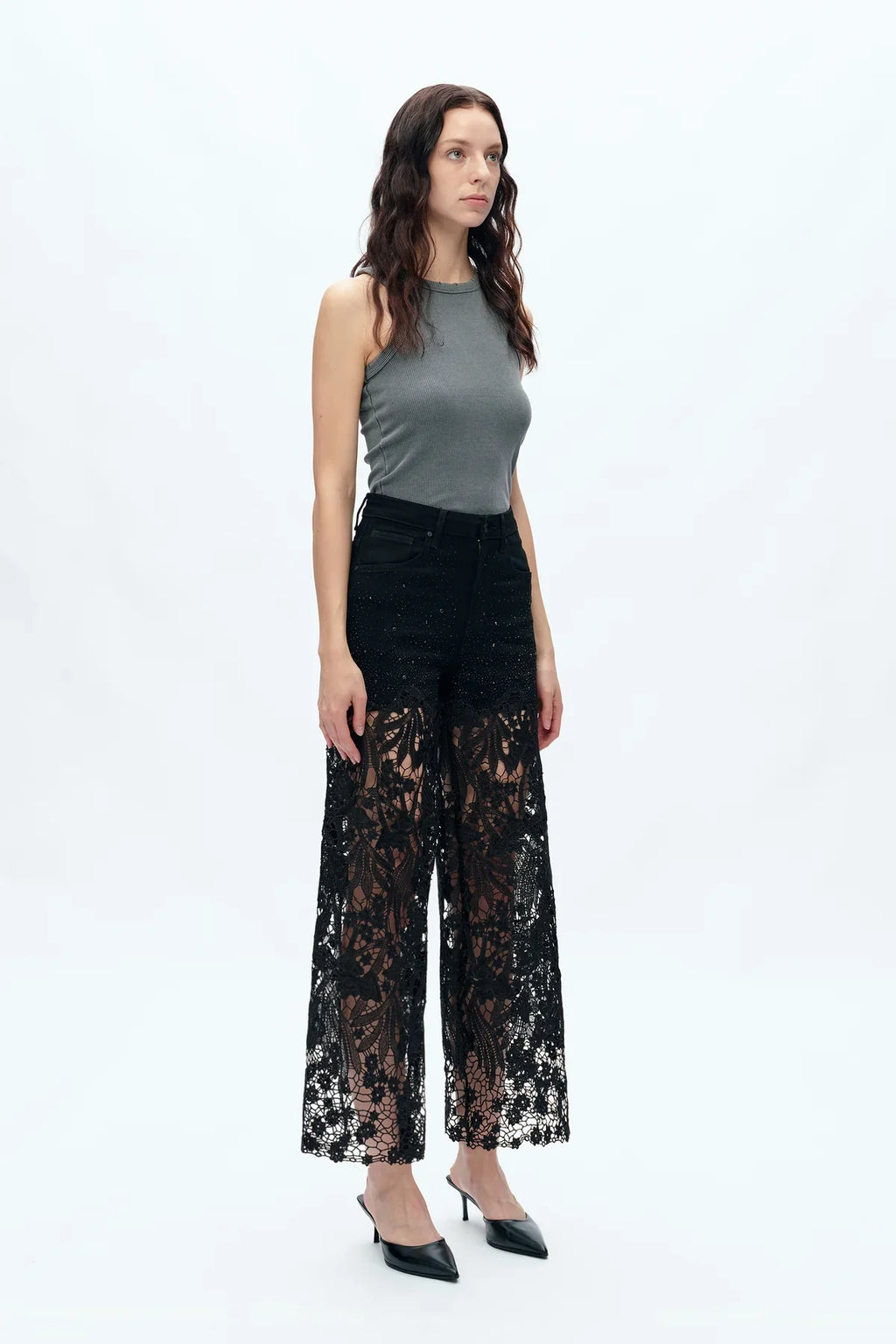 Embroidery Wide Leg Lace Jeans With Rhinestone Black - Back of the Bay Boutique