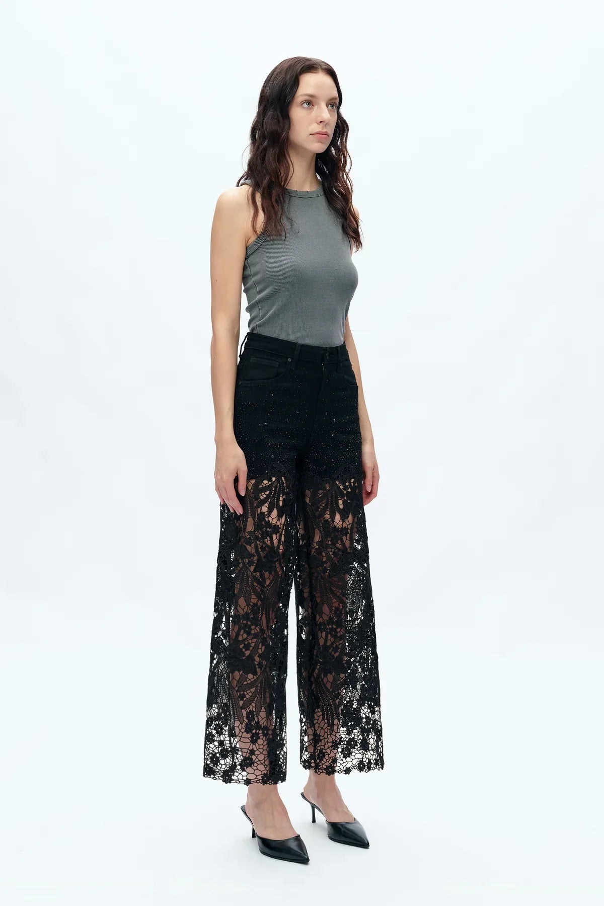 Embroidery Wide Leg Lace Jeans With Rhinestone Black - Back of the Bay Boutique