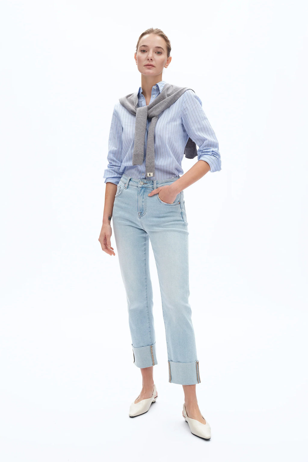 High Rise Jeans With Rolled Hem Light Blue - Back of the Bay Boutique