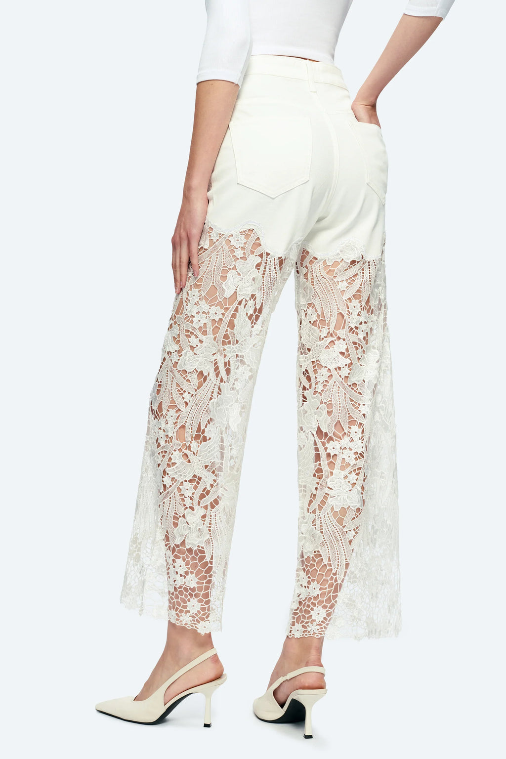 Embroidery Wide Leg Lace Jeans With Rhinestone White - Back of the Bay Boutique