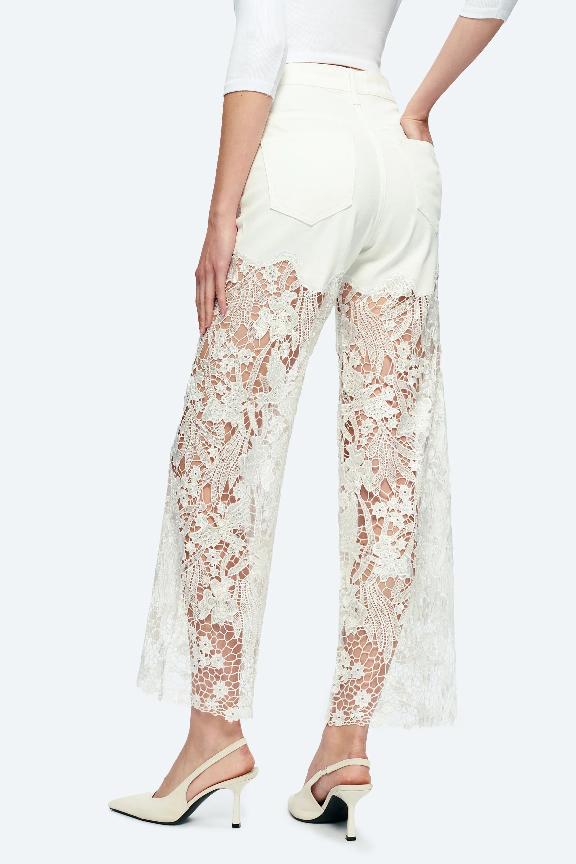 Embroidery Wide Leg Lace Jeans With Rhinestone White - Back of the Bay Boutique