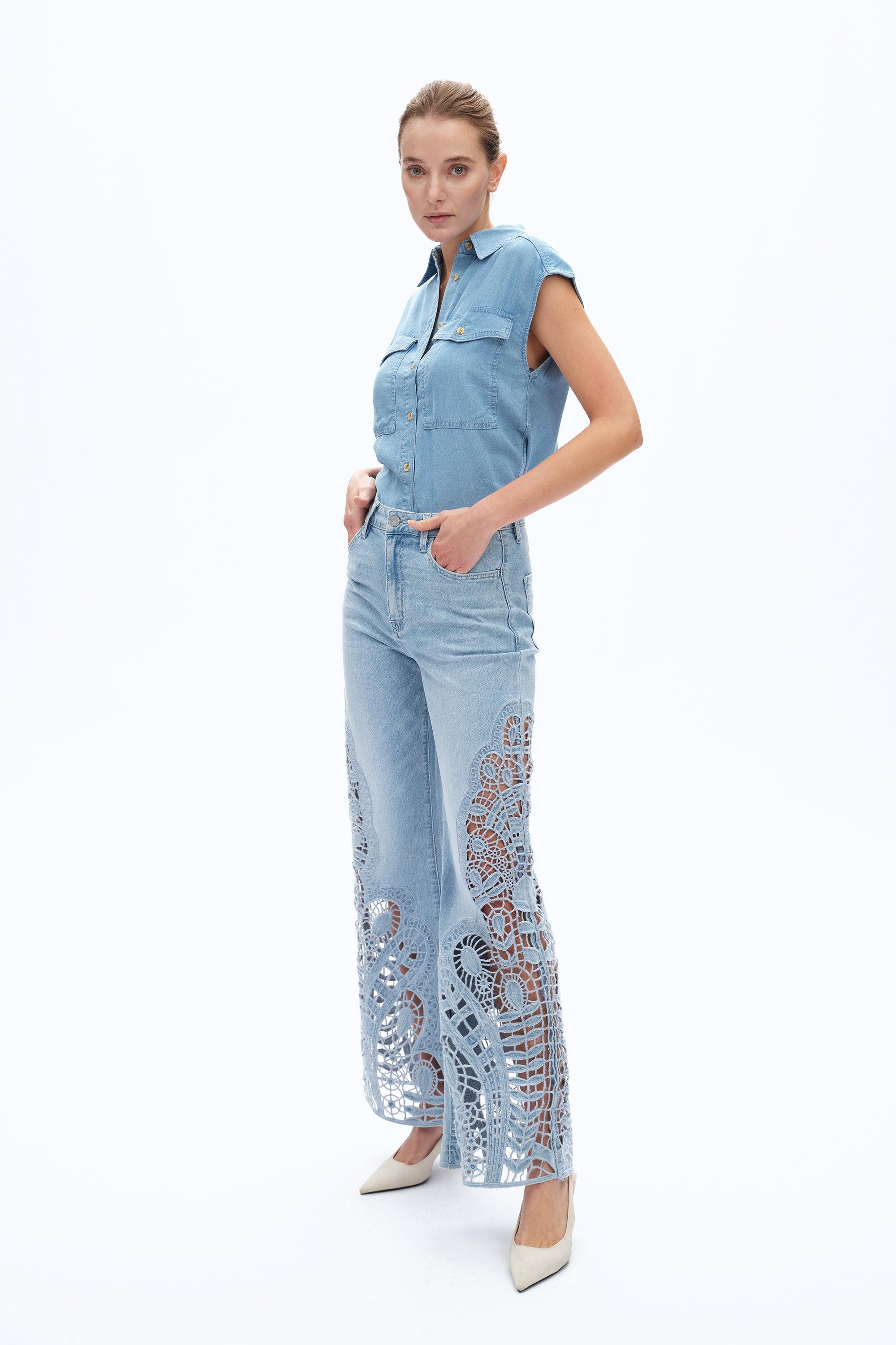 Lace Patchwork Wide Leg Jeans Cornflower