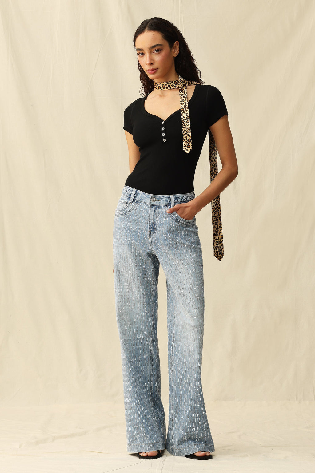 Mid Rise Wide Leg Rhinestone Jeans Light Blue - Back of the Bay Boutique