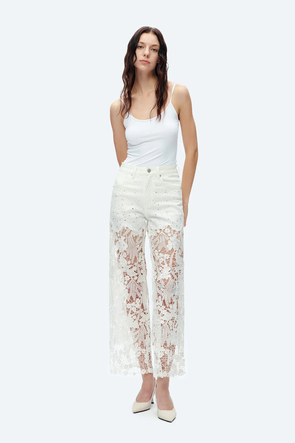 Embroidery Wide Leg Lace Jeans With Rhinestone White - Back of the Bay Boutique