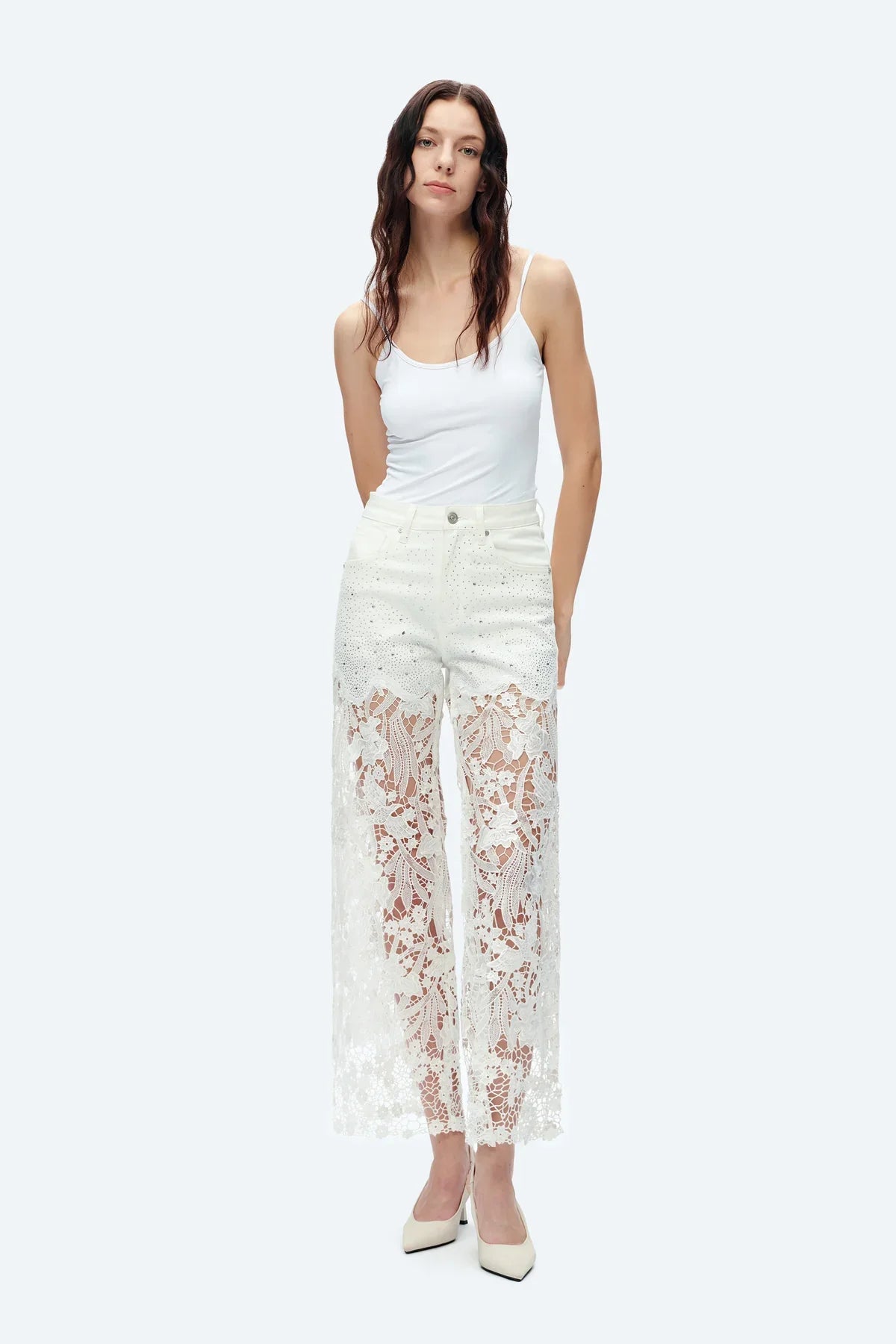 Embroidery Wide Leg Lace Jeans With Rhinestone White - Back of the Bay Boutique
